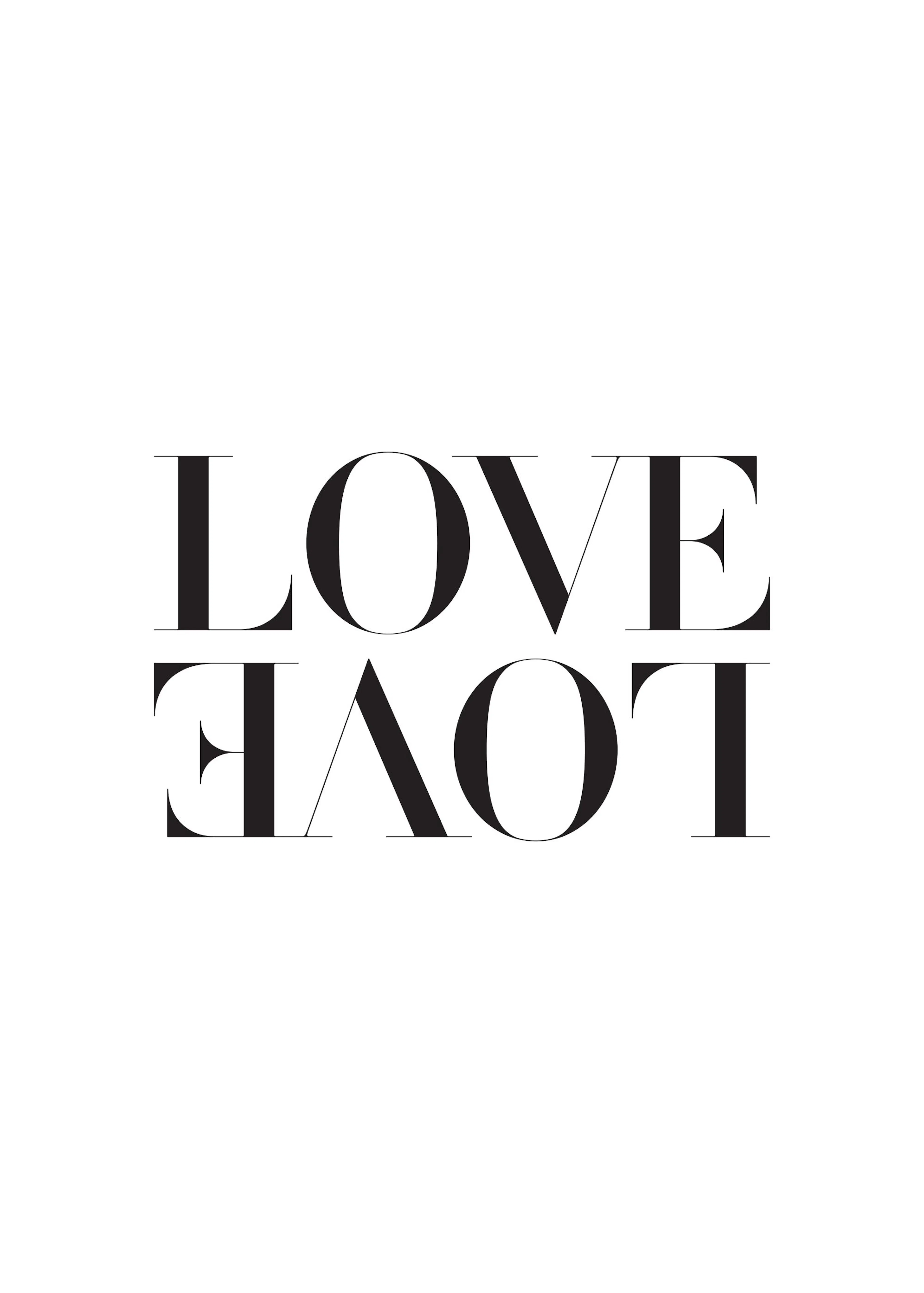 白地に黒い文字で「LOVE」と「ƎᴧO˥」が上下反転して配置された、ミニマルなタイポグラフィポスター。