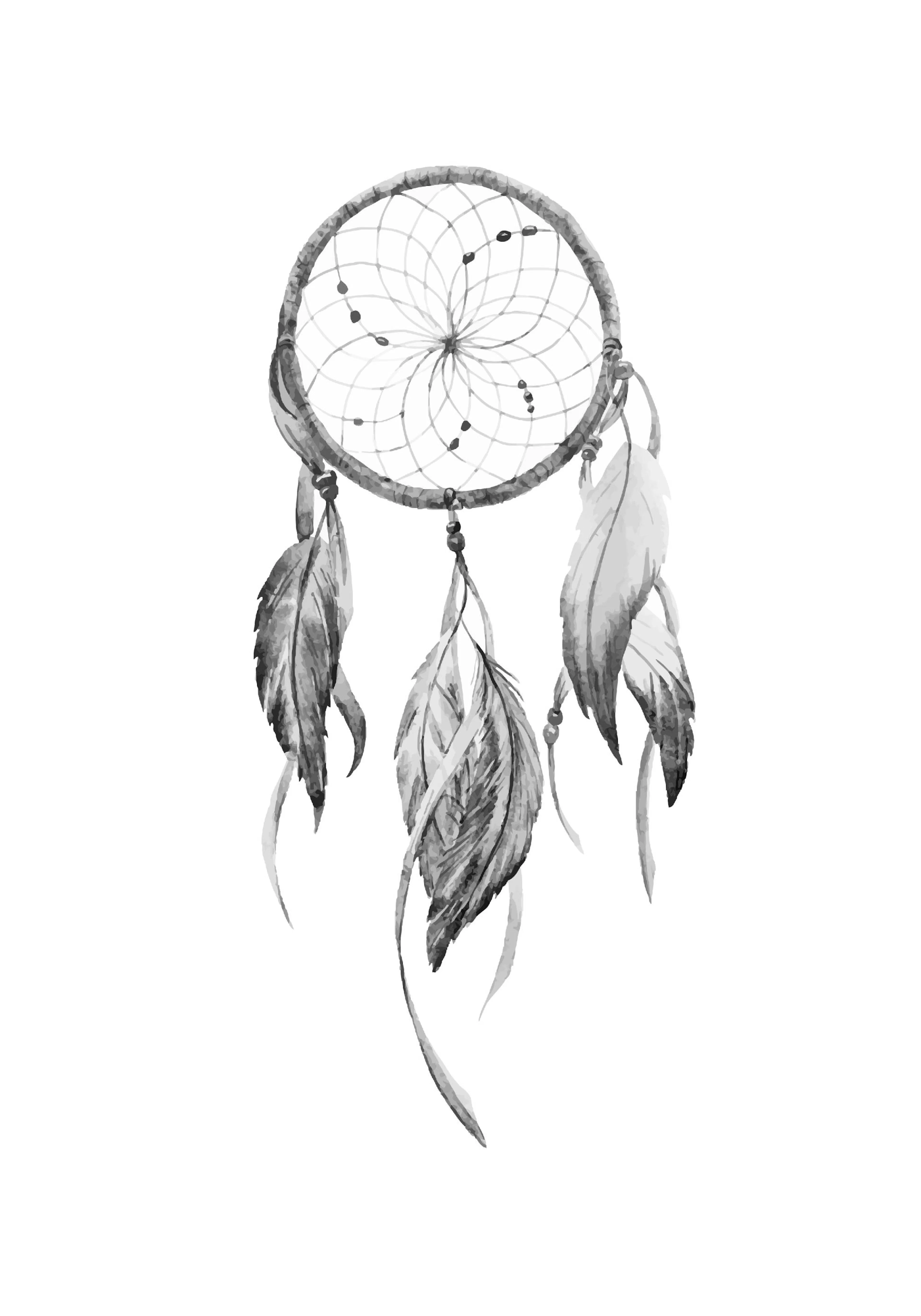 A black and white watercolour poster of a dreamcatcher with a webbed centre and five hanging feathers.