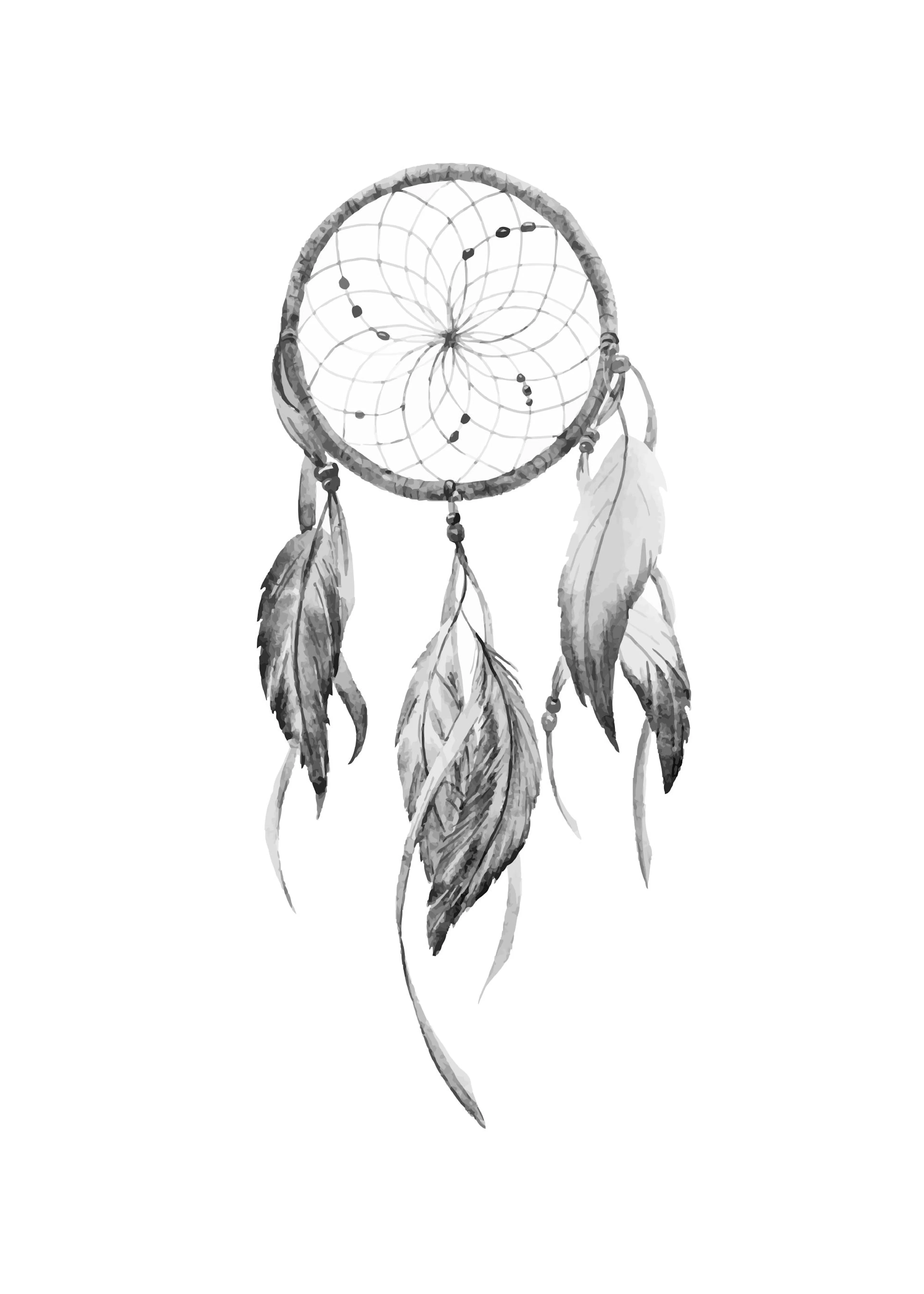 En poster av en grå drömfångare med fjädrar och pärlor, målad i akvarellstil.