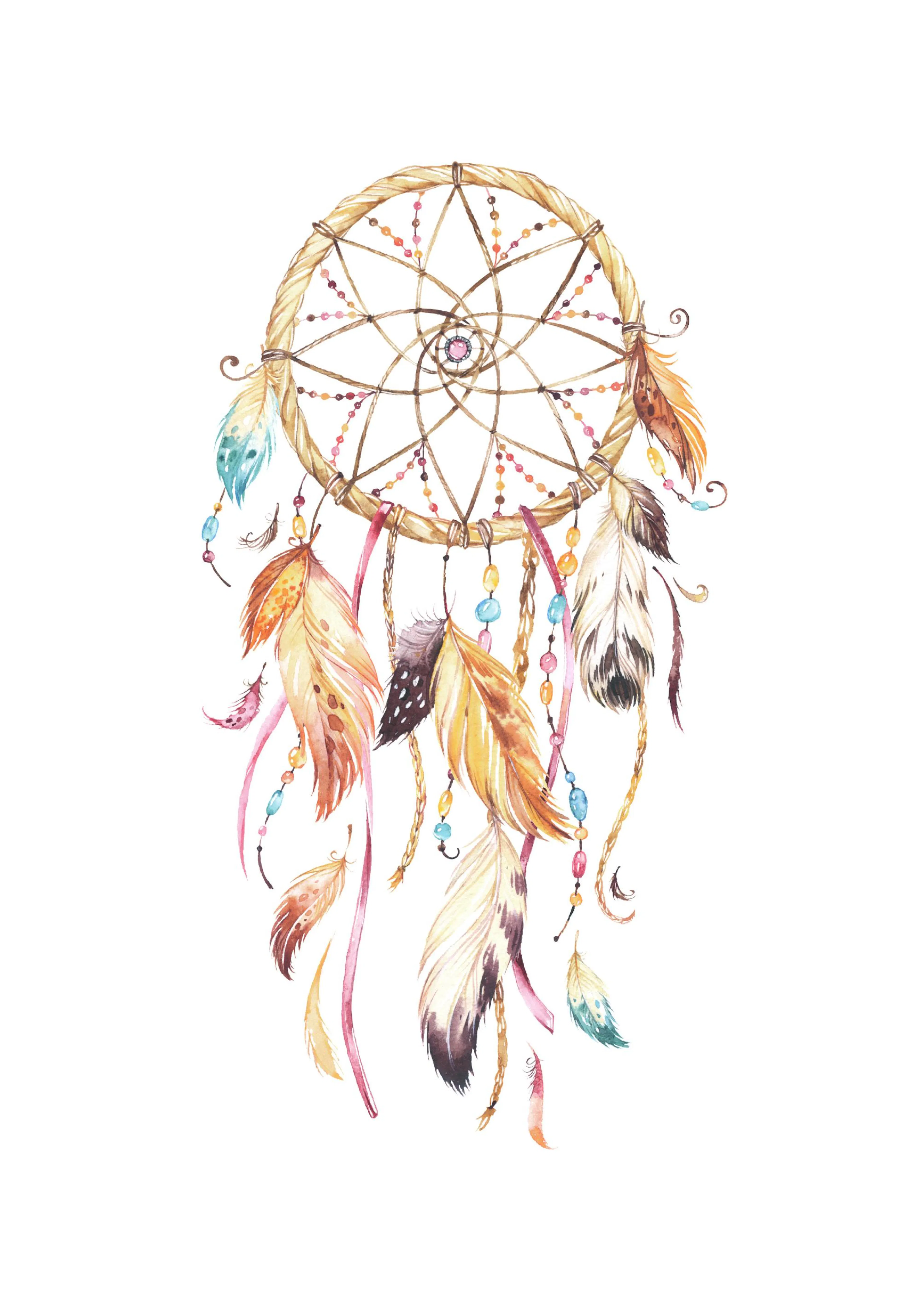 A watercolor poster of a dreamcatcher with a woven ring, colorful beads, and hanging feathers in earthy and pastel tones.
