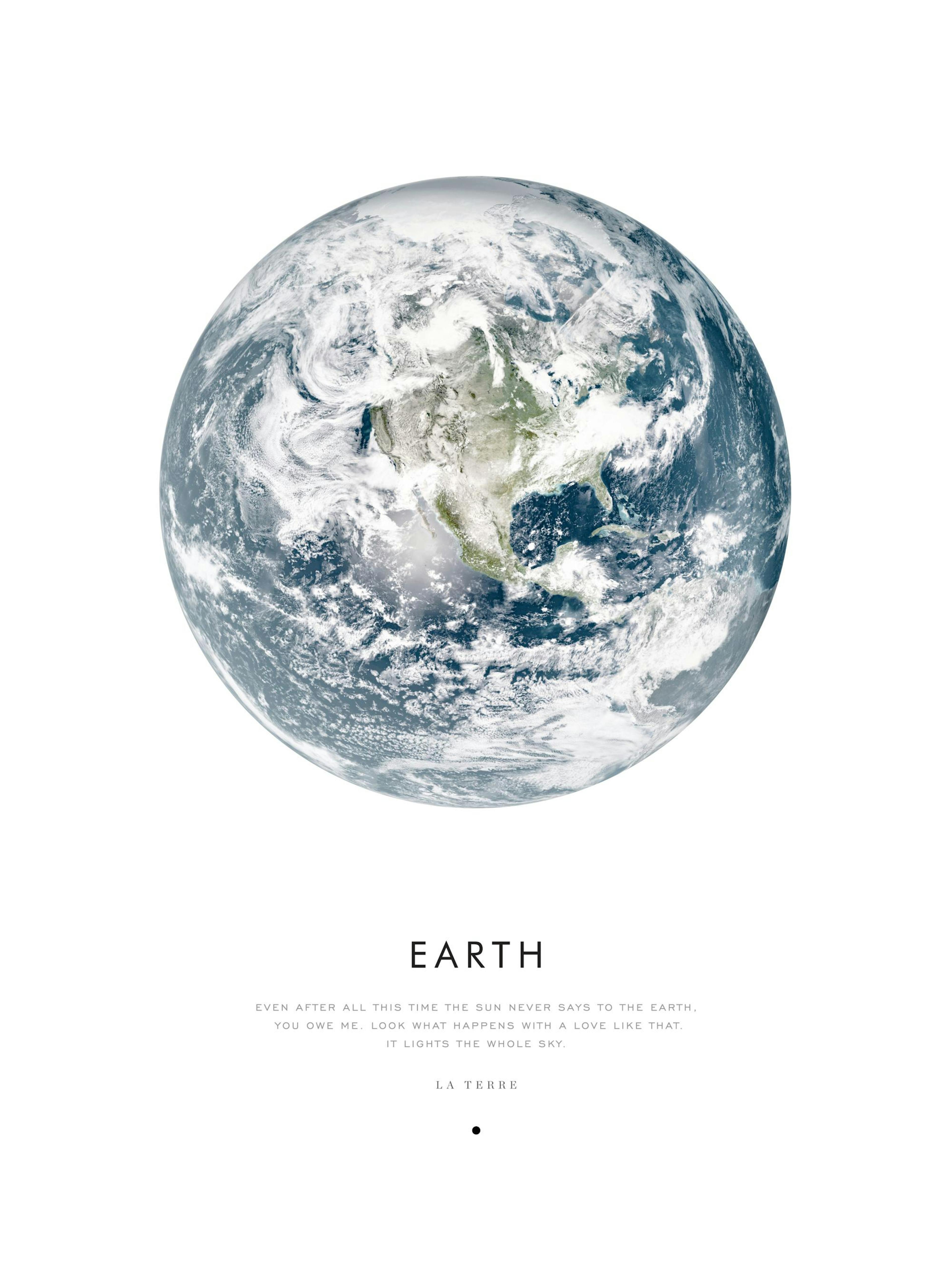 地球の全体像と「EARTH」の文字が書かれたポスター。地球は青い海と緑の陸地、白い雲で構成されています。