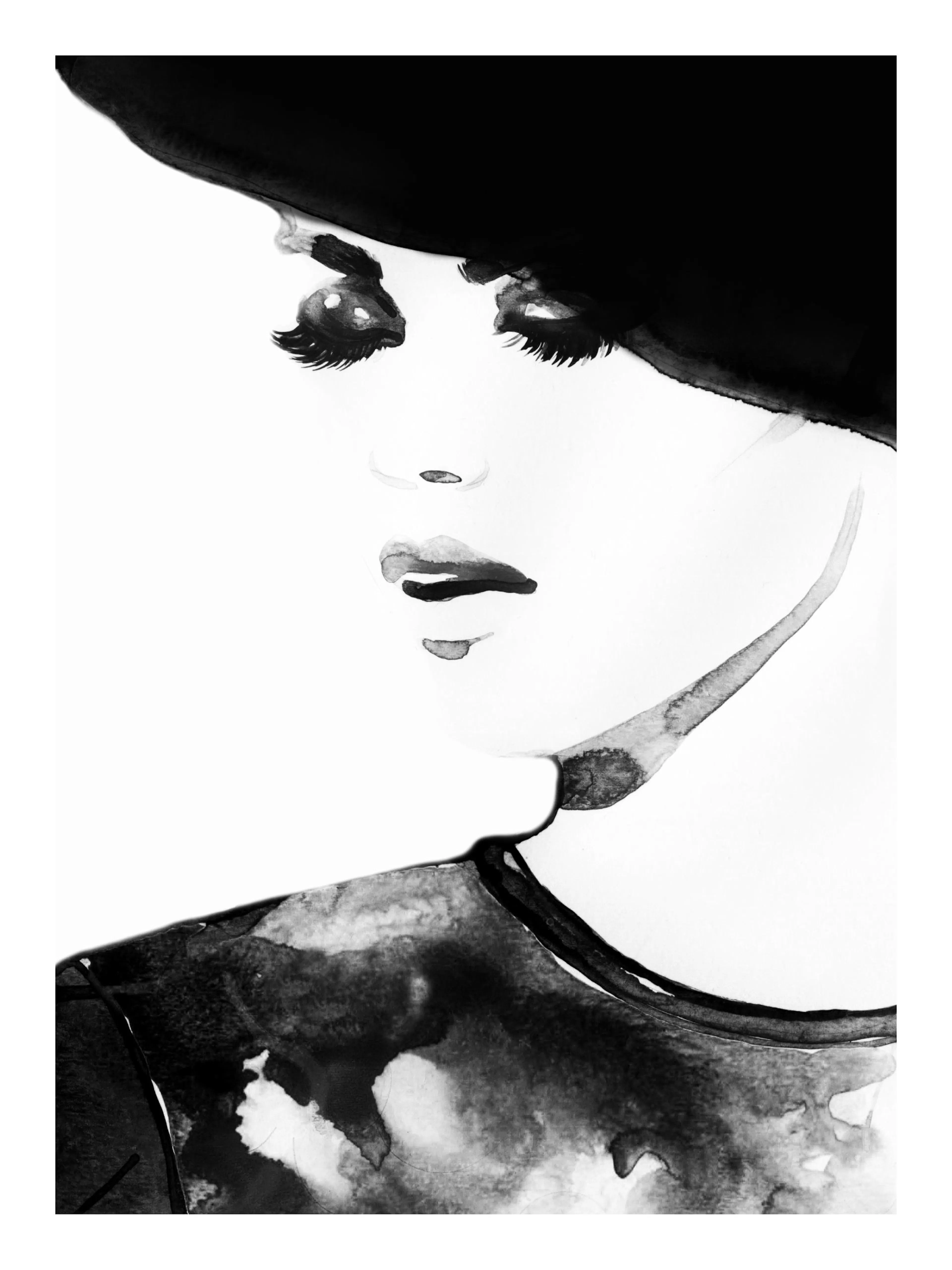 A poster featuring a black and white fashion illustration of a woman in a wide-brimmed hat with dark eyes and lips.