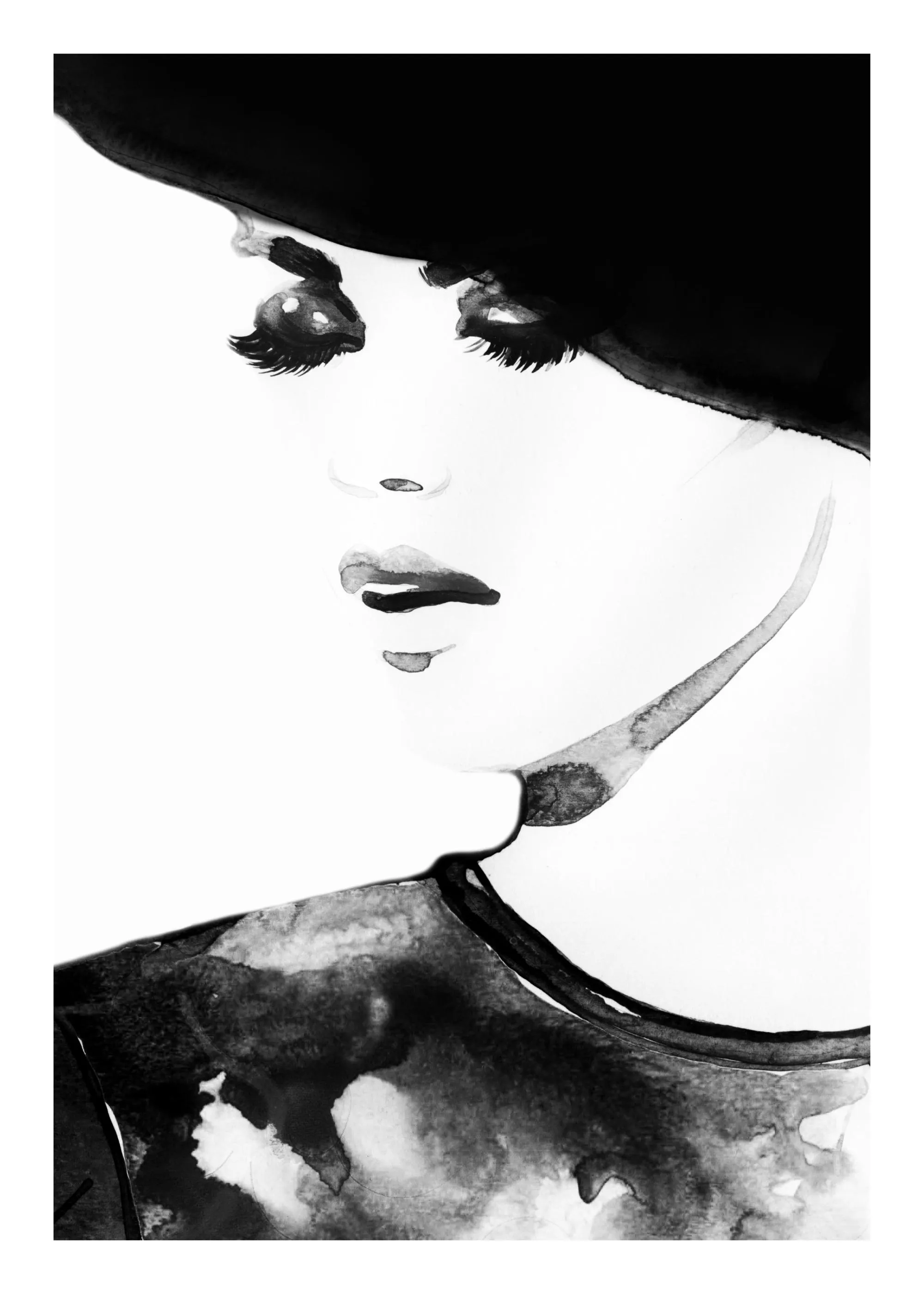 Mustavalkoinen juliste, jossa on tyylitelty, musta-asuinen naisen kasvokuva. Naisella on hattu ja meikatut silmät.