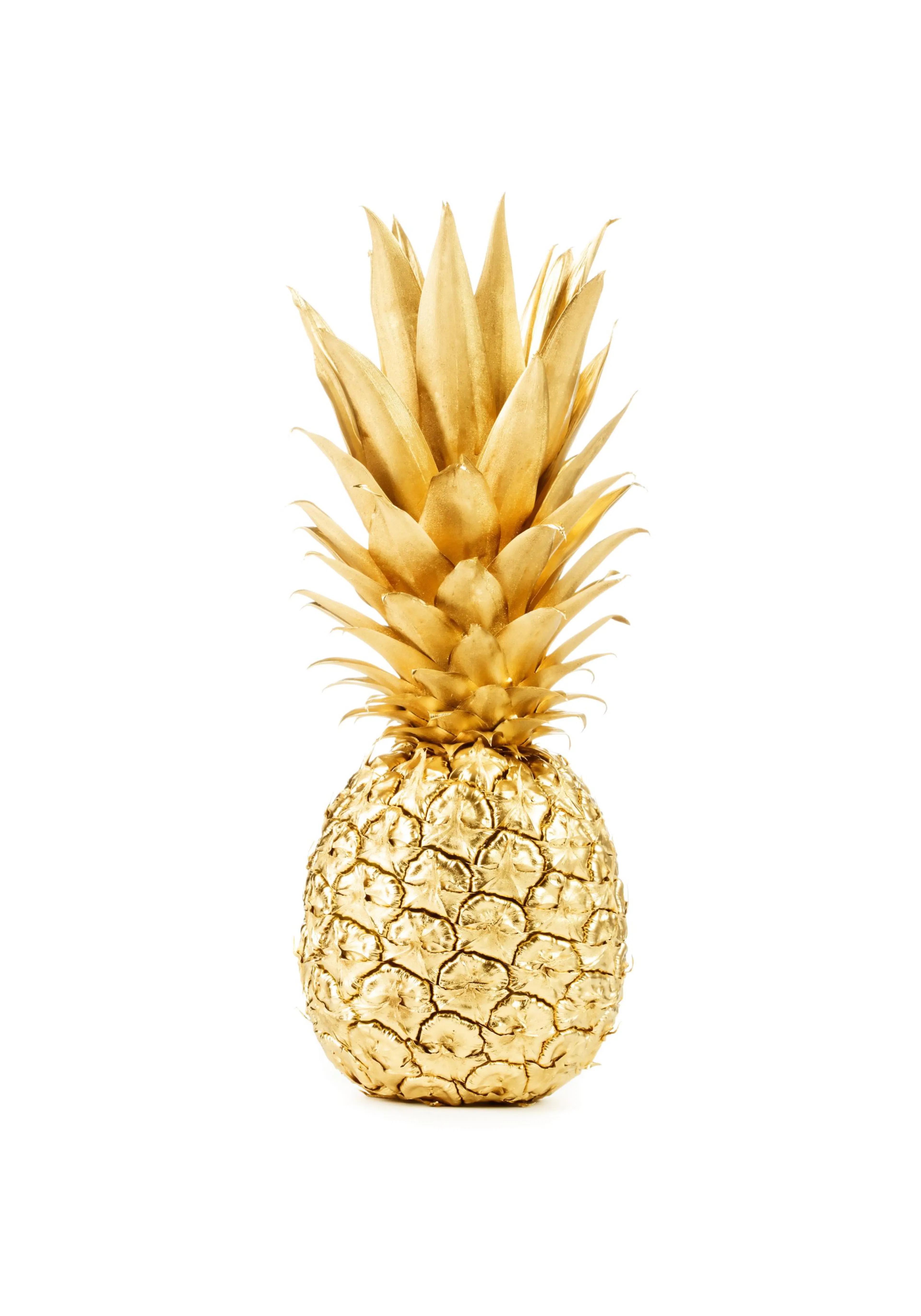 A poster featuring a whole pineapple painted in a radiant gold color, set against a clean white background.