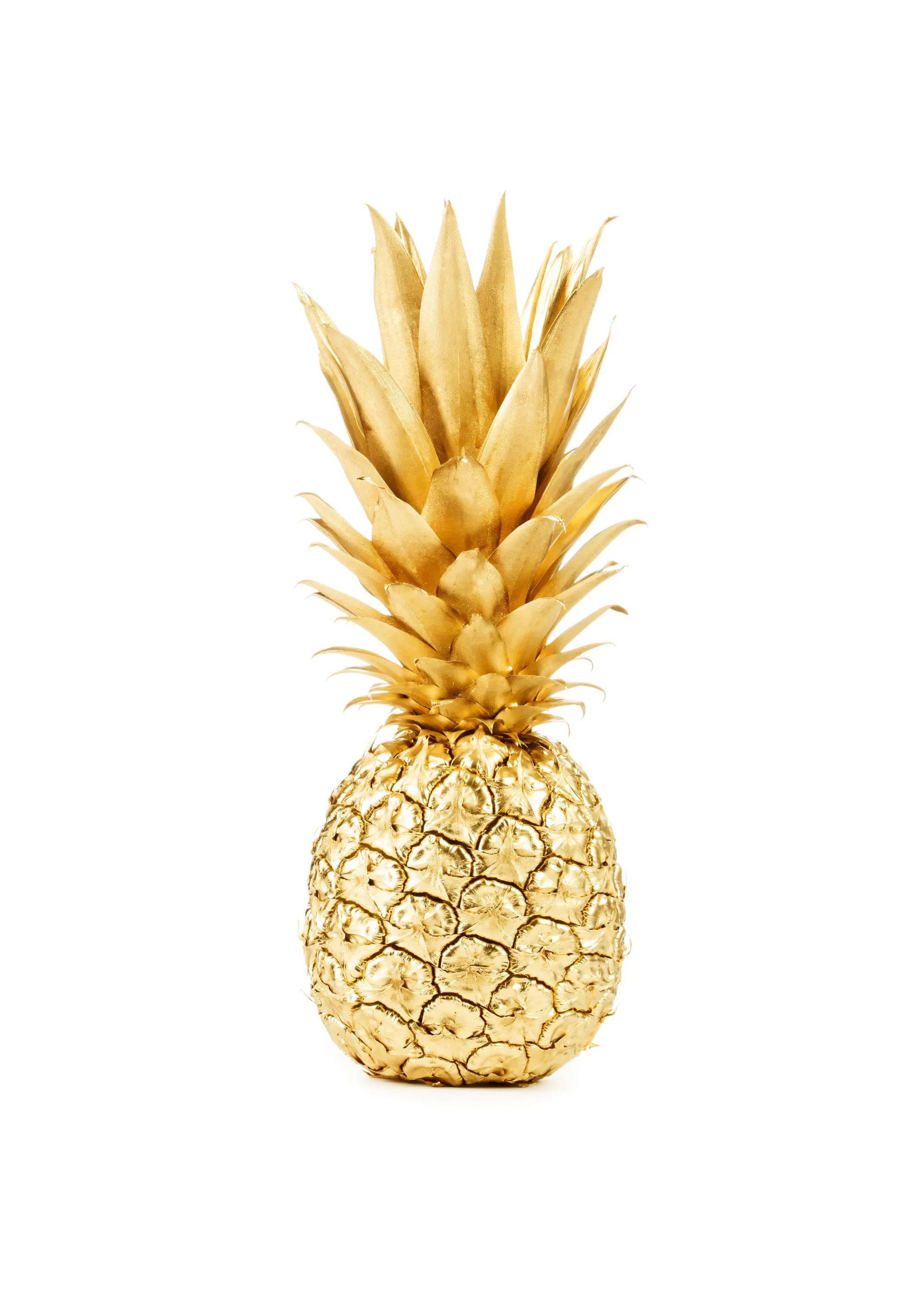 Poster dun ananas doré sur fond blanc, avec des feuilles et une texture écaillée.