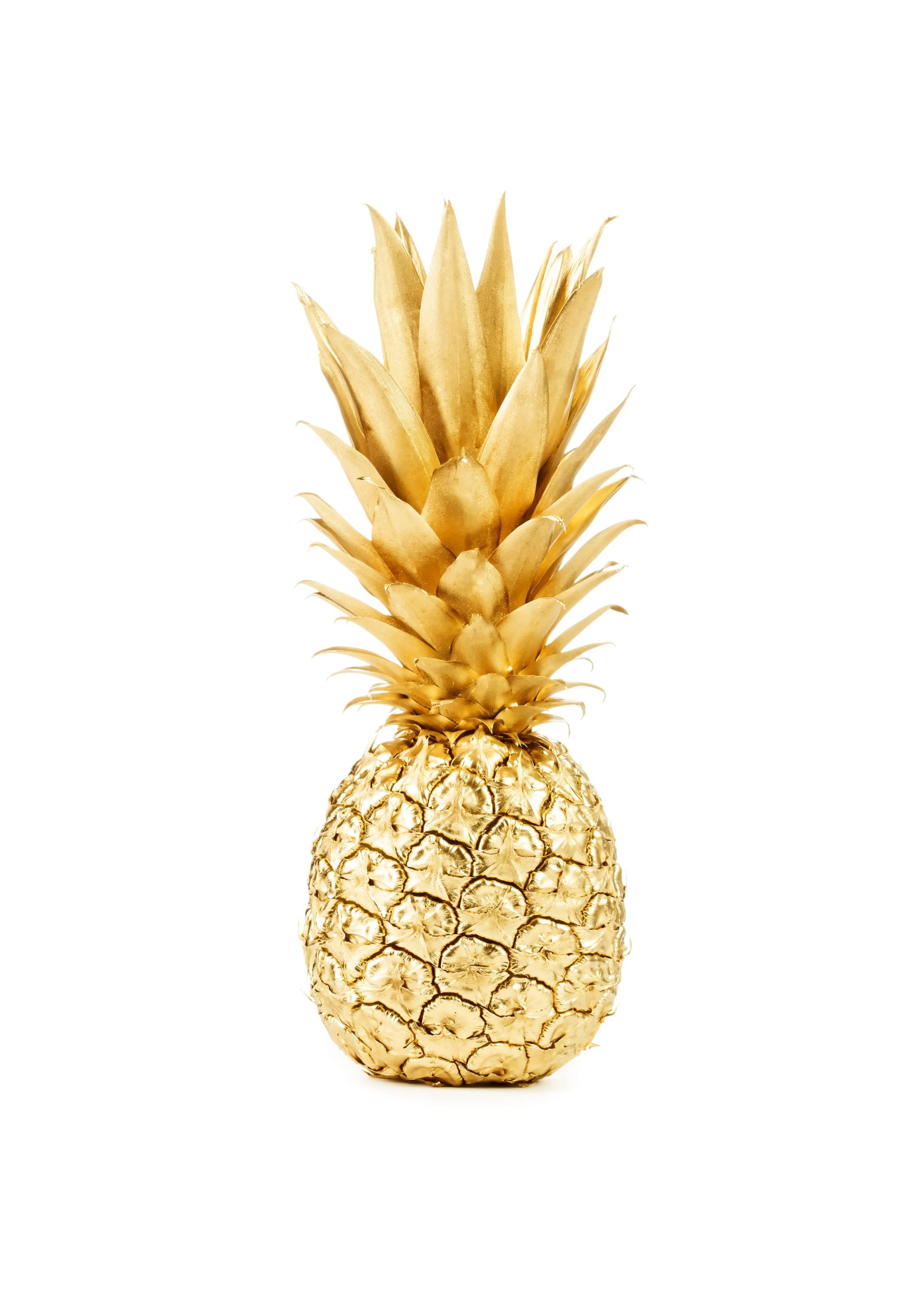 Poster dun ananas doré sur fond blanc, avec des feuilles et une texture écaillée.