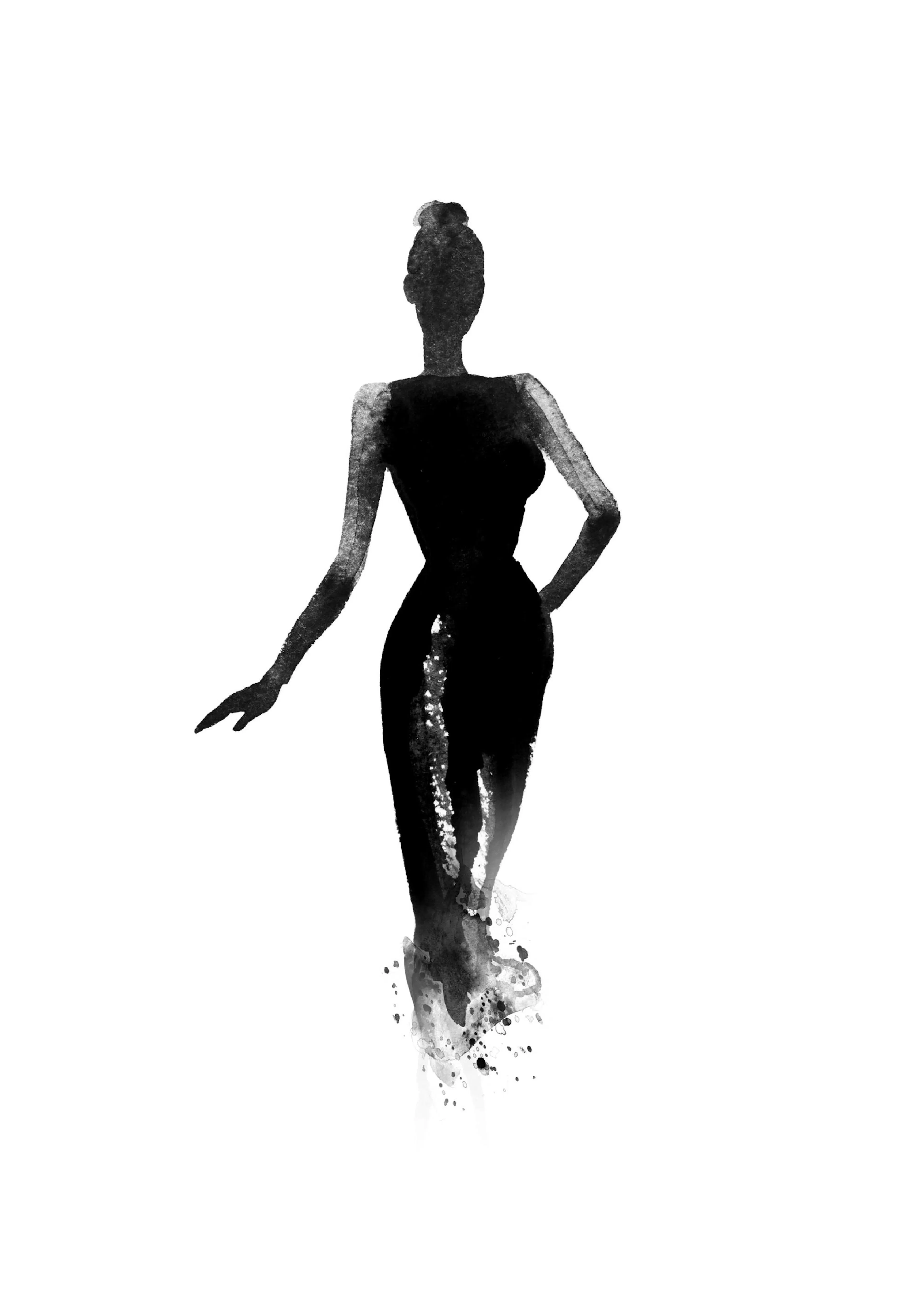 A poster of a black and white fashion illustration of a woman in a fitted dress, with paint splatters at the bottom.
