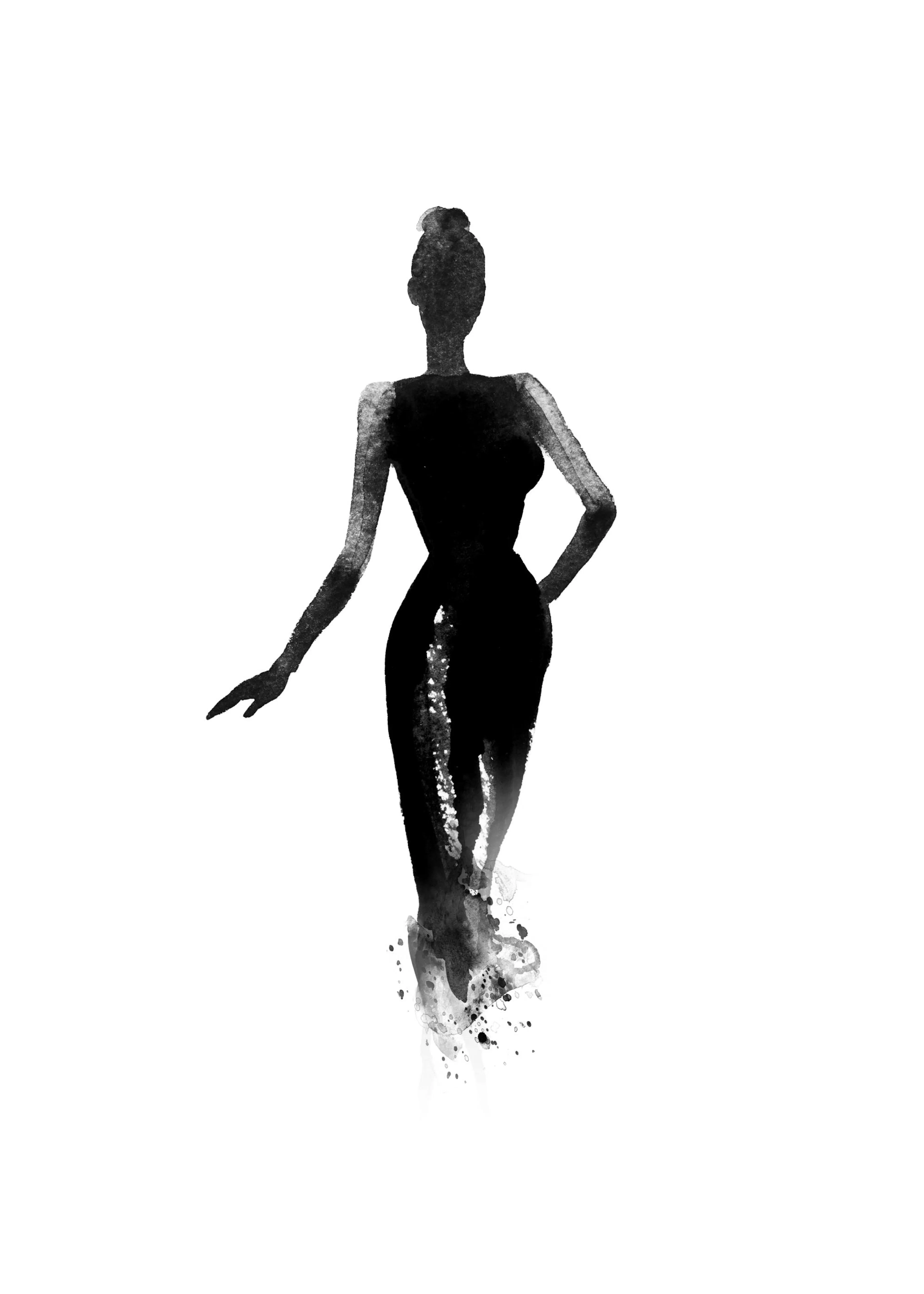 Mustavalkoinen akvarellijuliste, jossa naisen siluetti mustassa iltapuvussa. Hahmo on sivuttain, käsi lanteella ja toinen renton