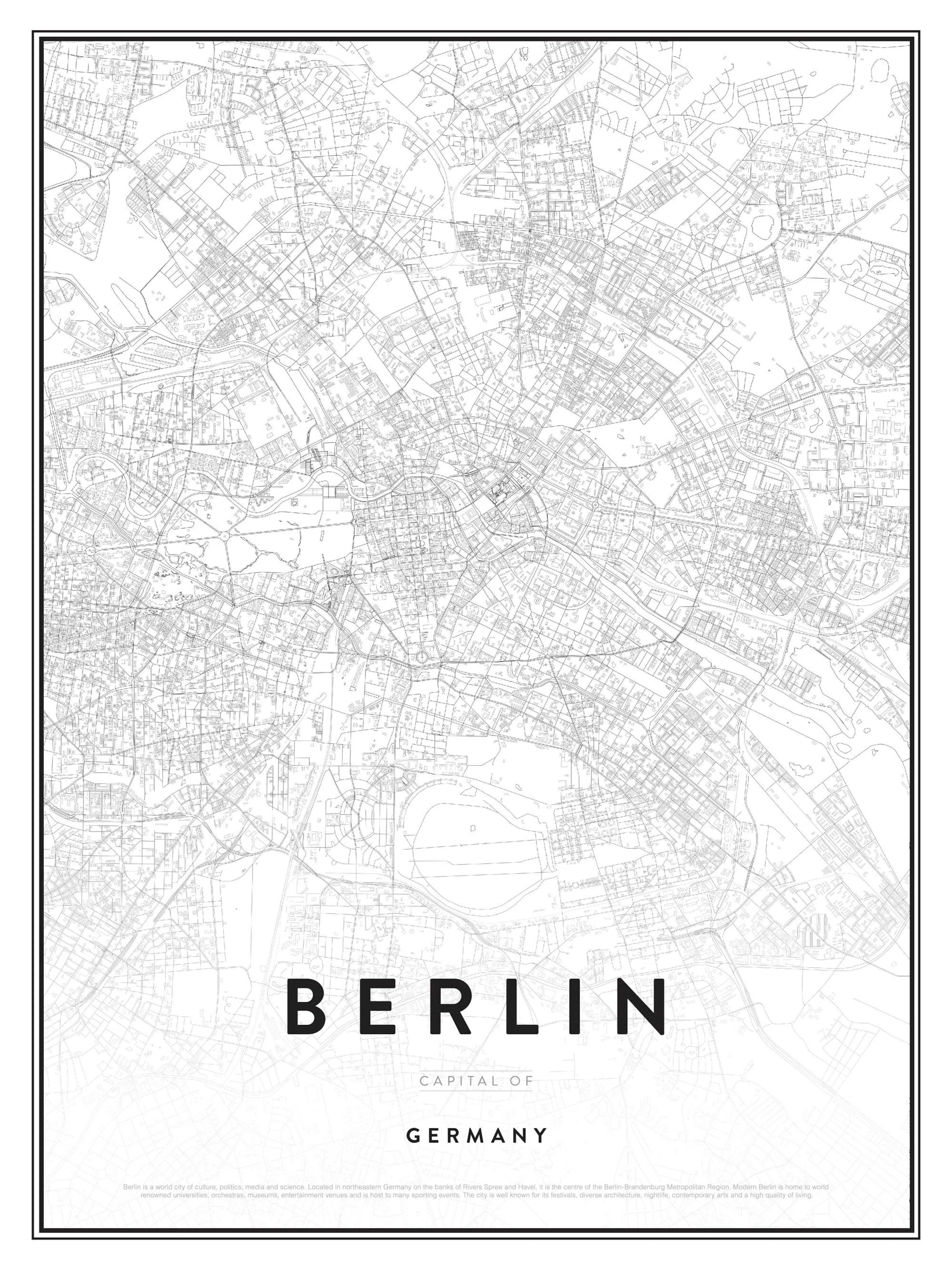 Berliinin kaupungin karttaa esittävä mustavalkoinen juliste, jossa on katukaavio ja teksti Berliini Capital of Germany.