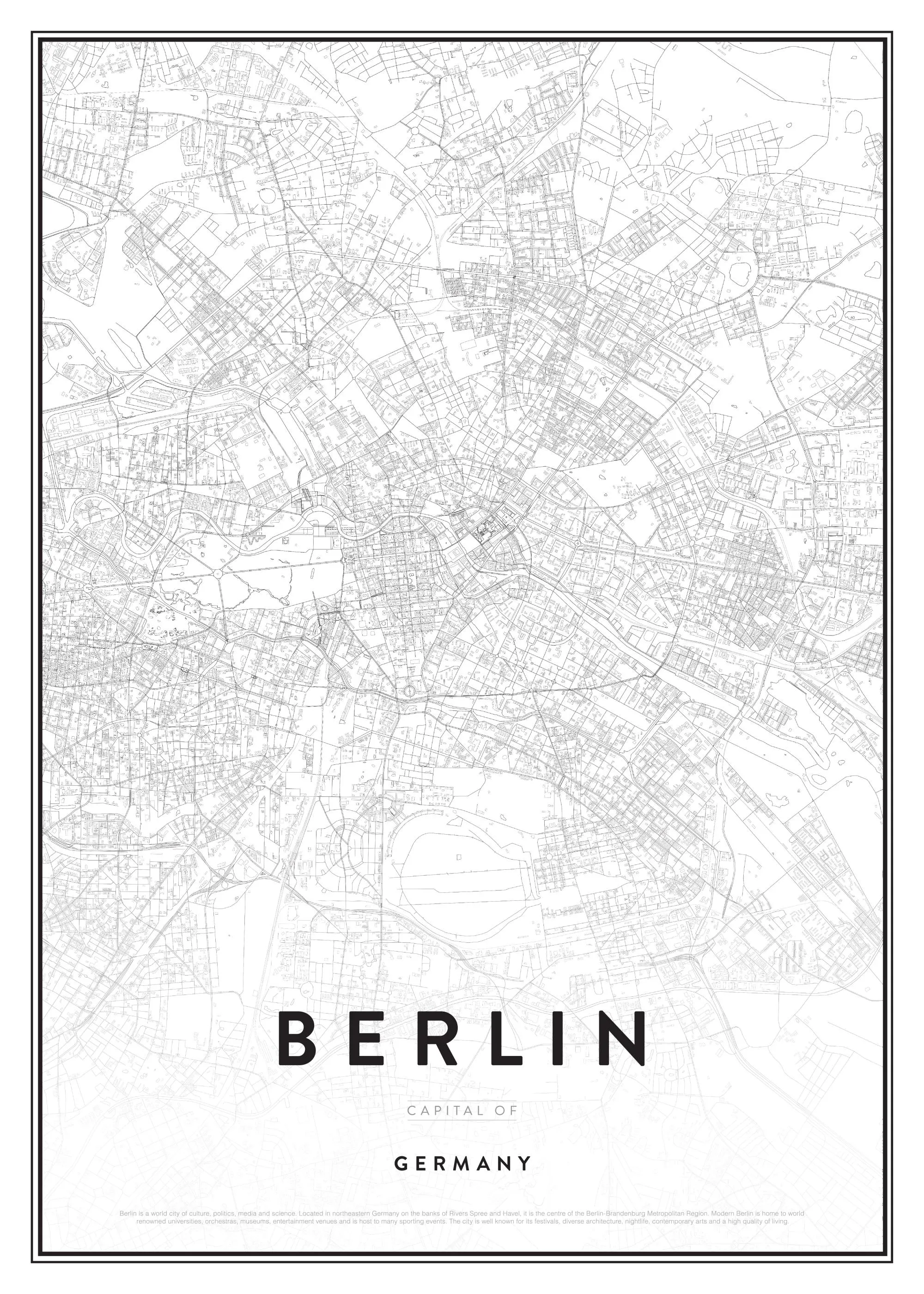 Berliinin kaupungin karttaa esittävä mustavalkoinen juliste, jossa on katukaavio ja teksti Berliini Capital of Germany.