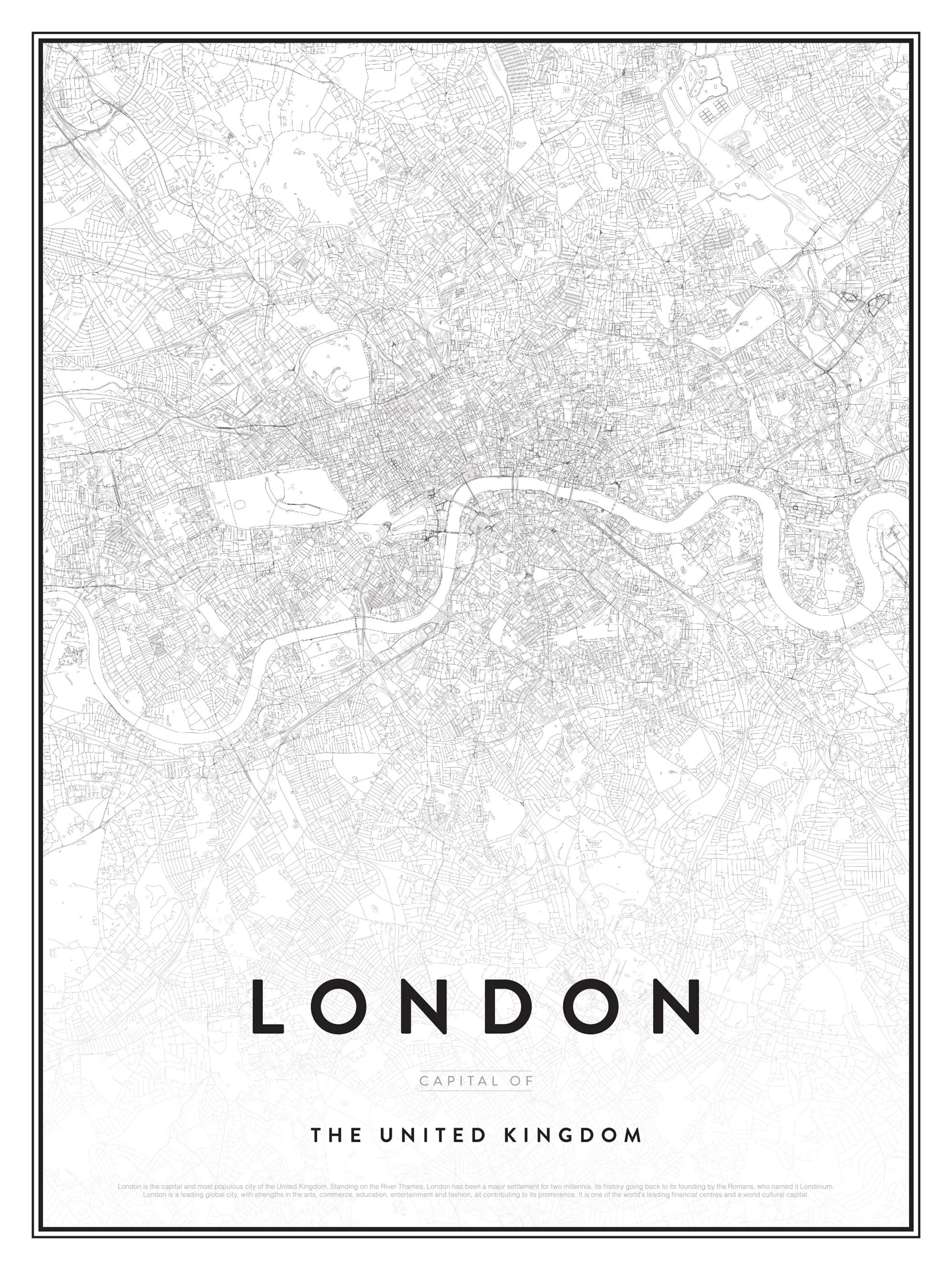 A minimalist map poster of London in black and white, showing streets, the Thames, and key text.