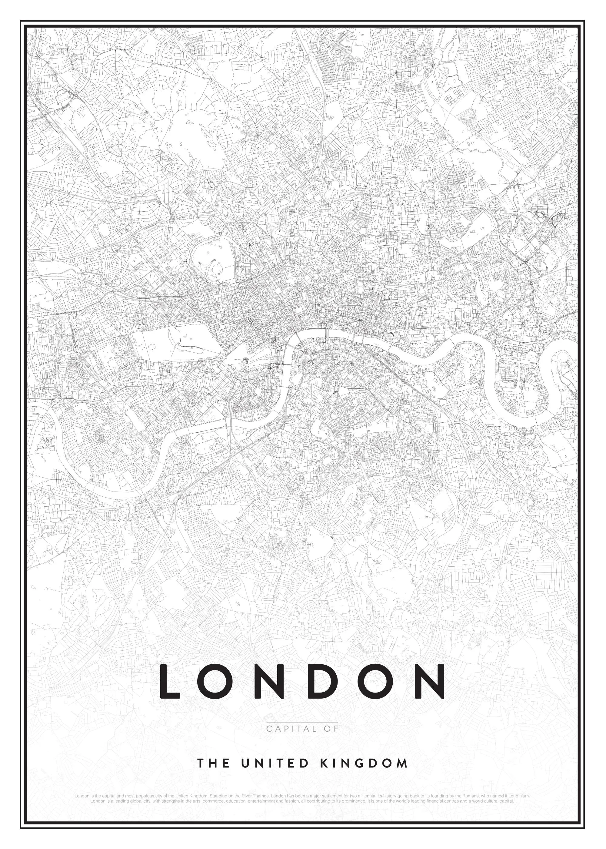 Mustavalkoinen London-juliste, jossa on yksityiskohtainen karttakuva ja teksti LONDON CAPITAL OF THE UNITED KINGDOM.