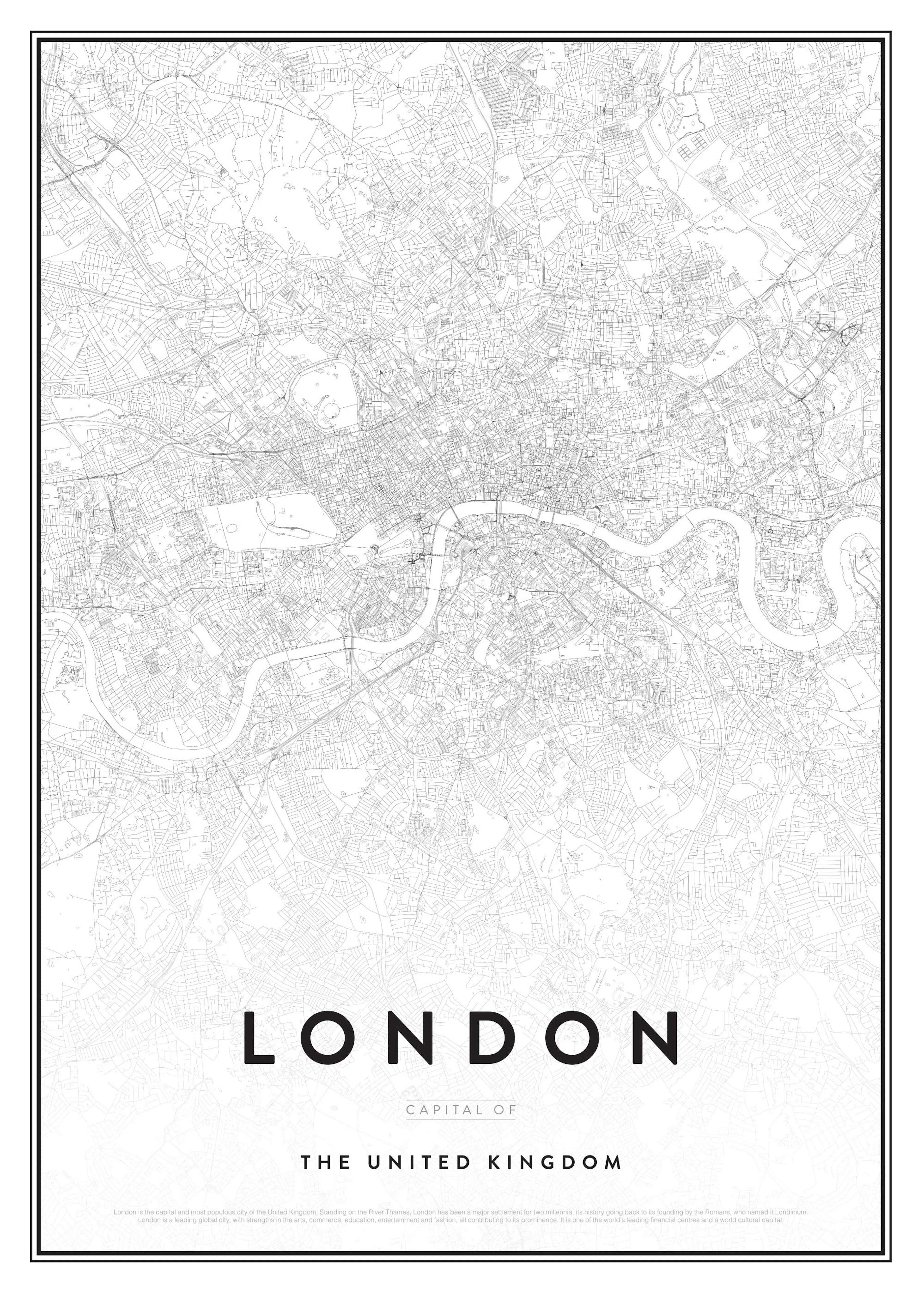 Mustavalkoinen London-juliste, jossa on yksityiskohtainen karttakuva ja teksti LONDON CAPITAL OF THE UNITED KINGDOM.