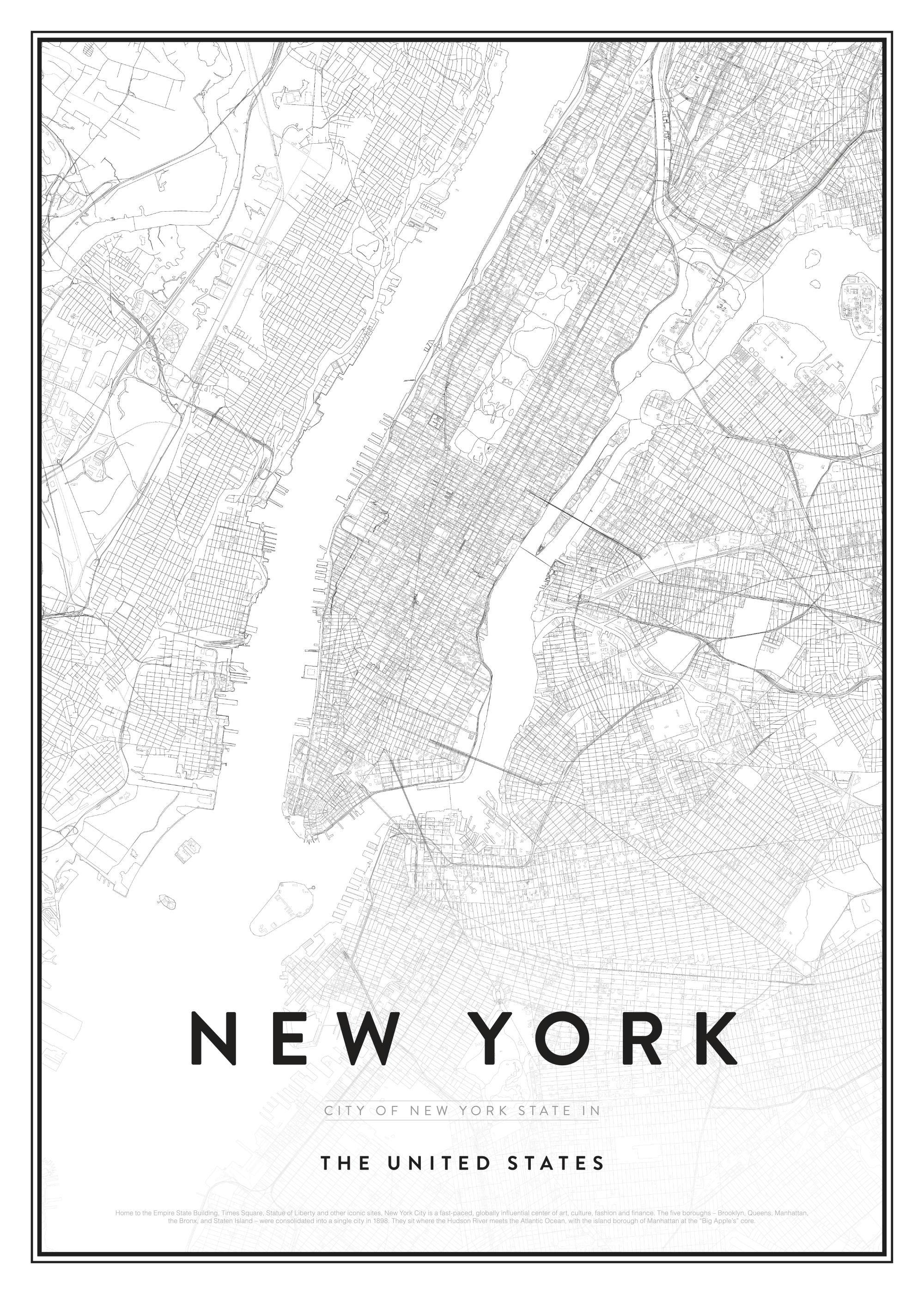 Póster de un mapa detallado de la ciudad de Nueva York en blanco y negro, mostrando calles y vías fluviales.