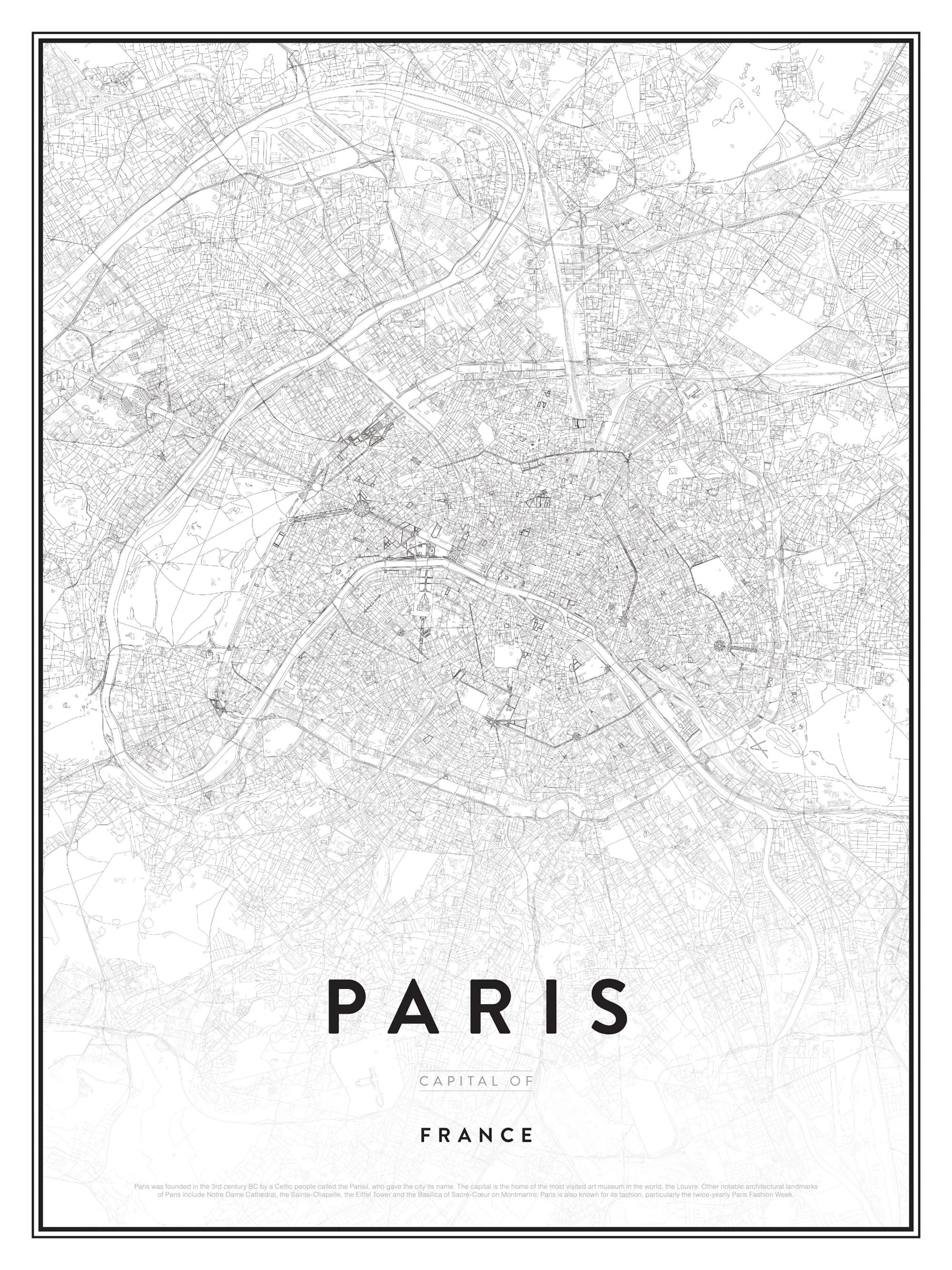 Poster cu o hartă alb-negru detaliată a orașului Paris, Franța, arătând străzi și repere.