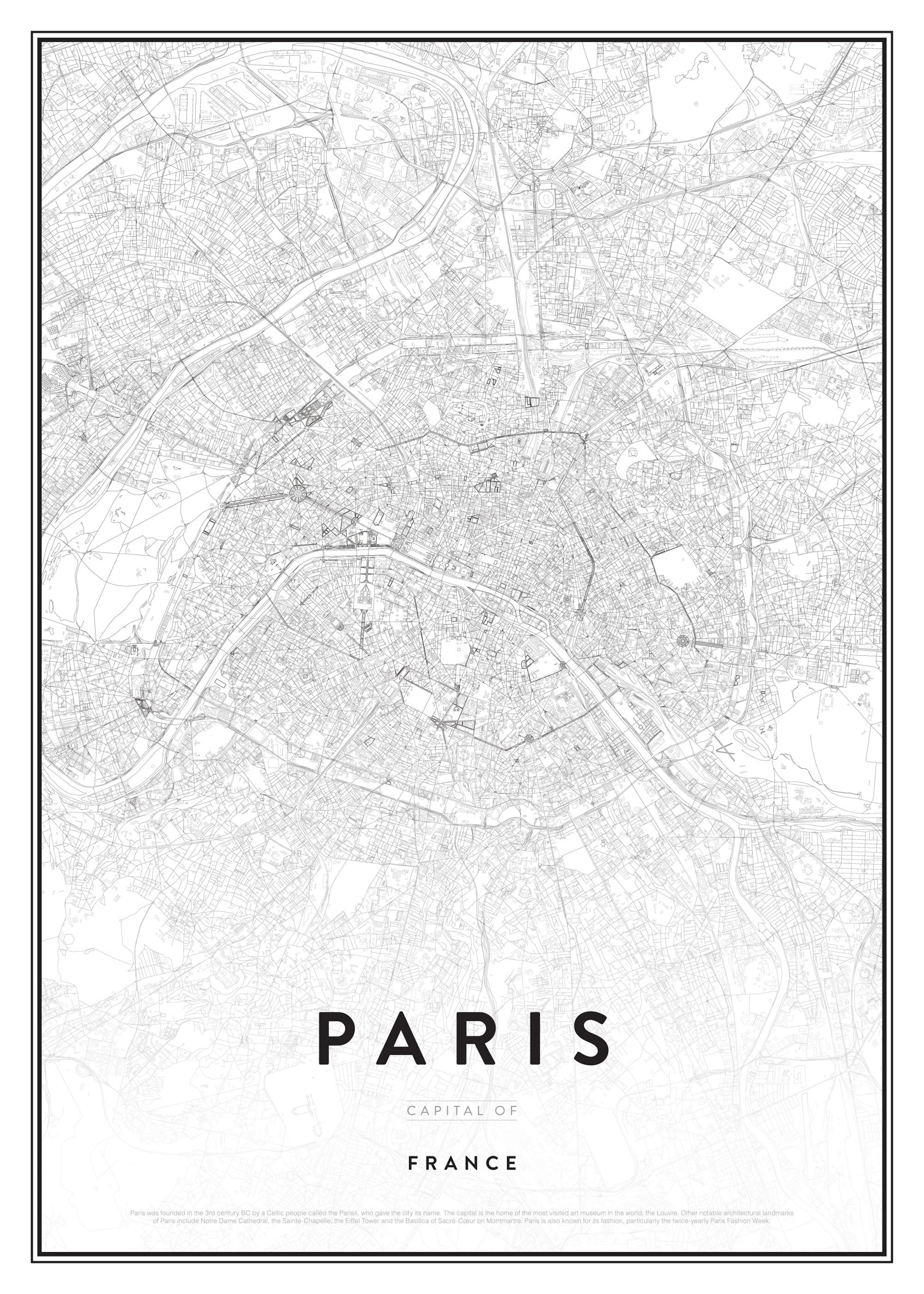 Poster cu o hartă alb-negru detaliată a orașului Paris, Franța, arătând străzi și repere.