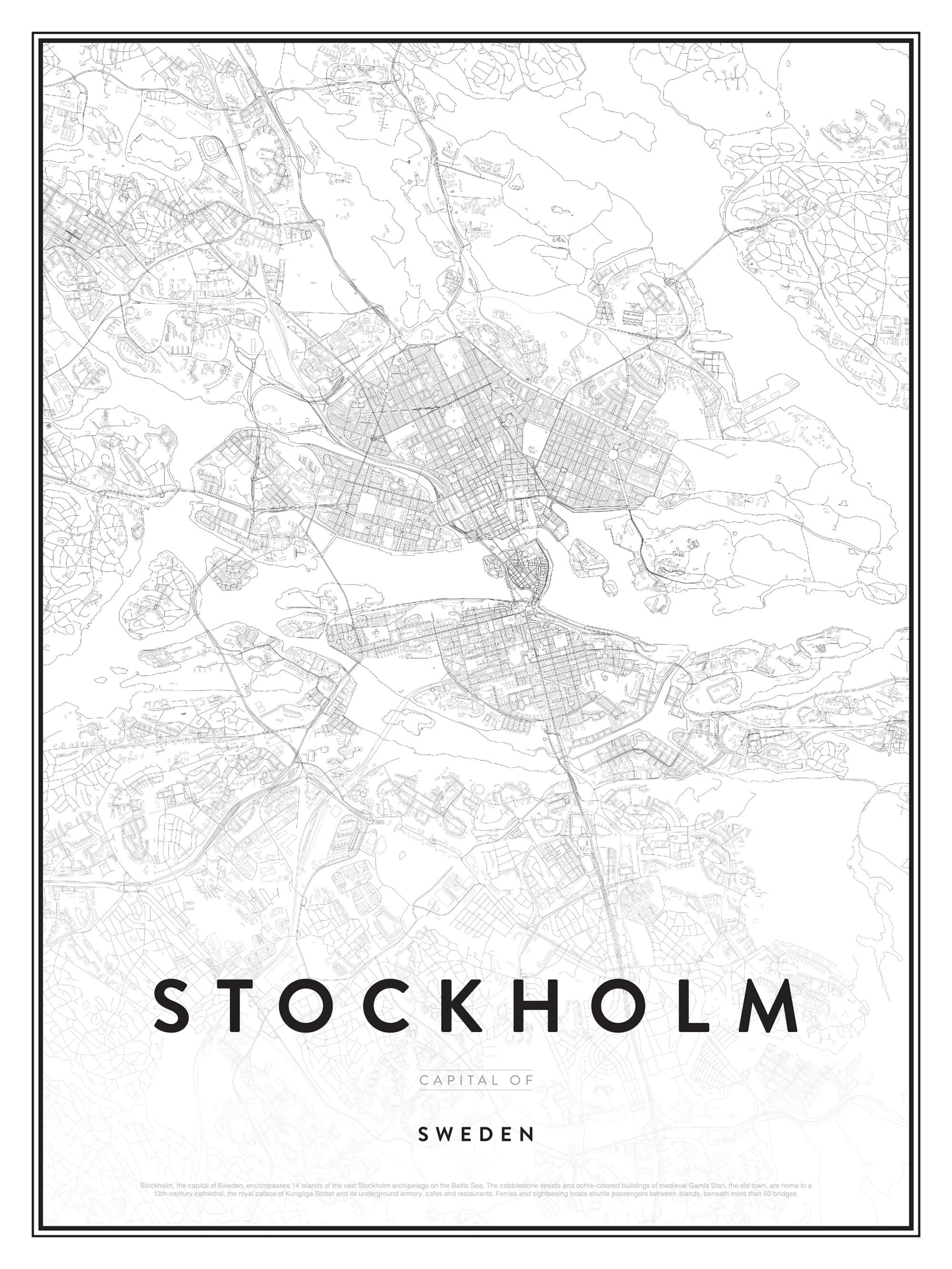 A poster featuring a detailed black and white map of Stockholm, Sweden, with text below.