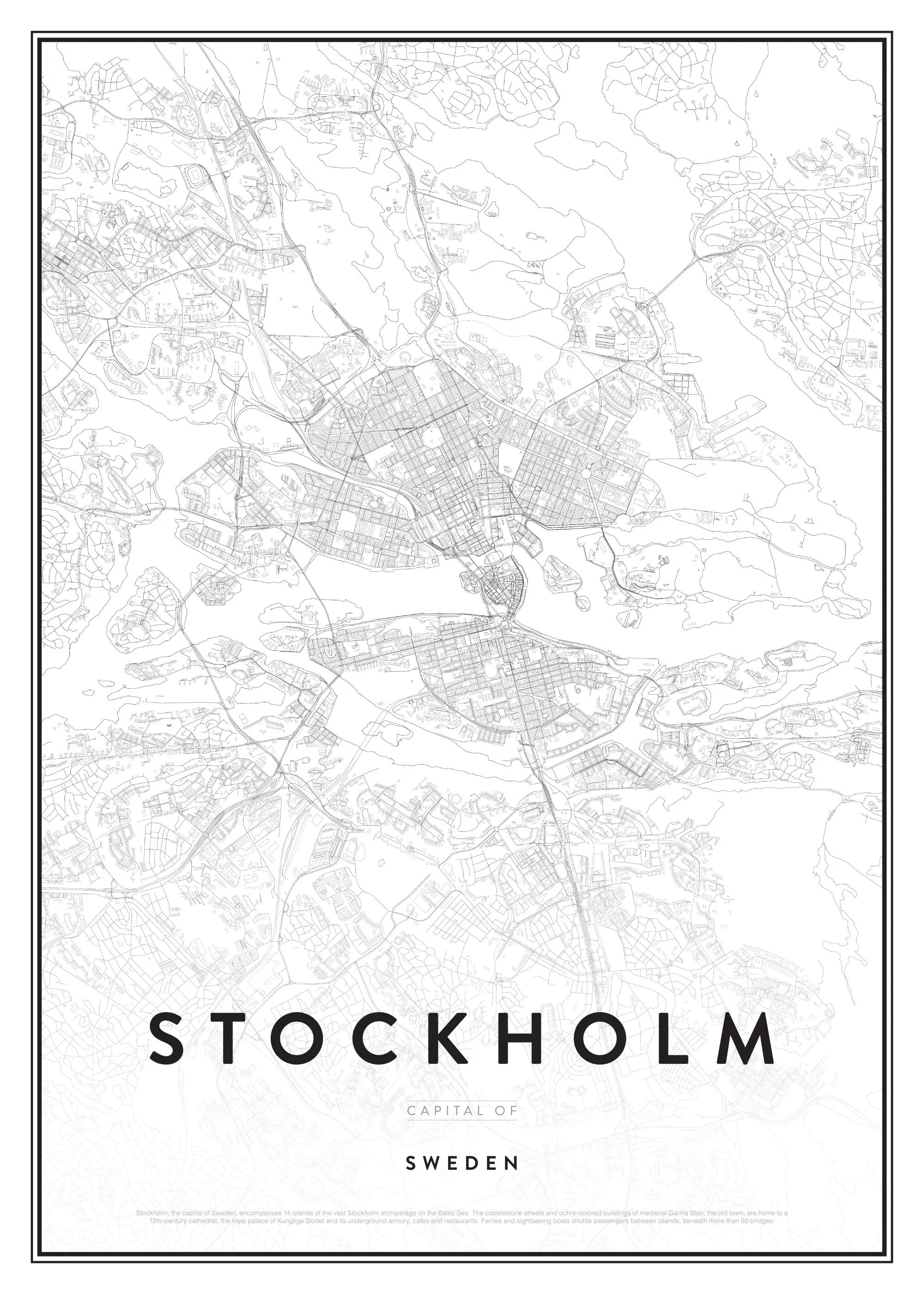 Mustavalkoinen Tukholman kaupunkikarttajuliste, jossa näkyy katuja, rakennuksia ja vesialueita sekä kaupungin nimi.