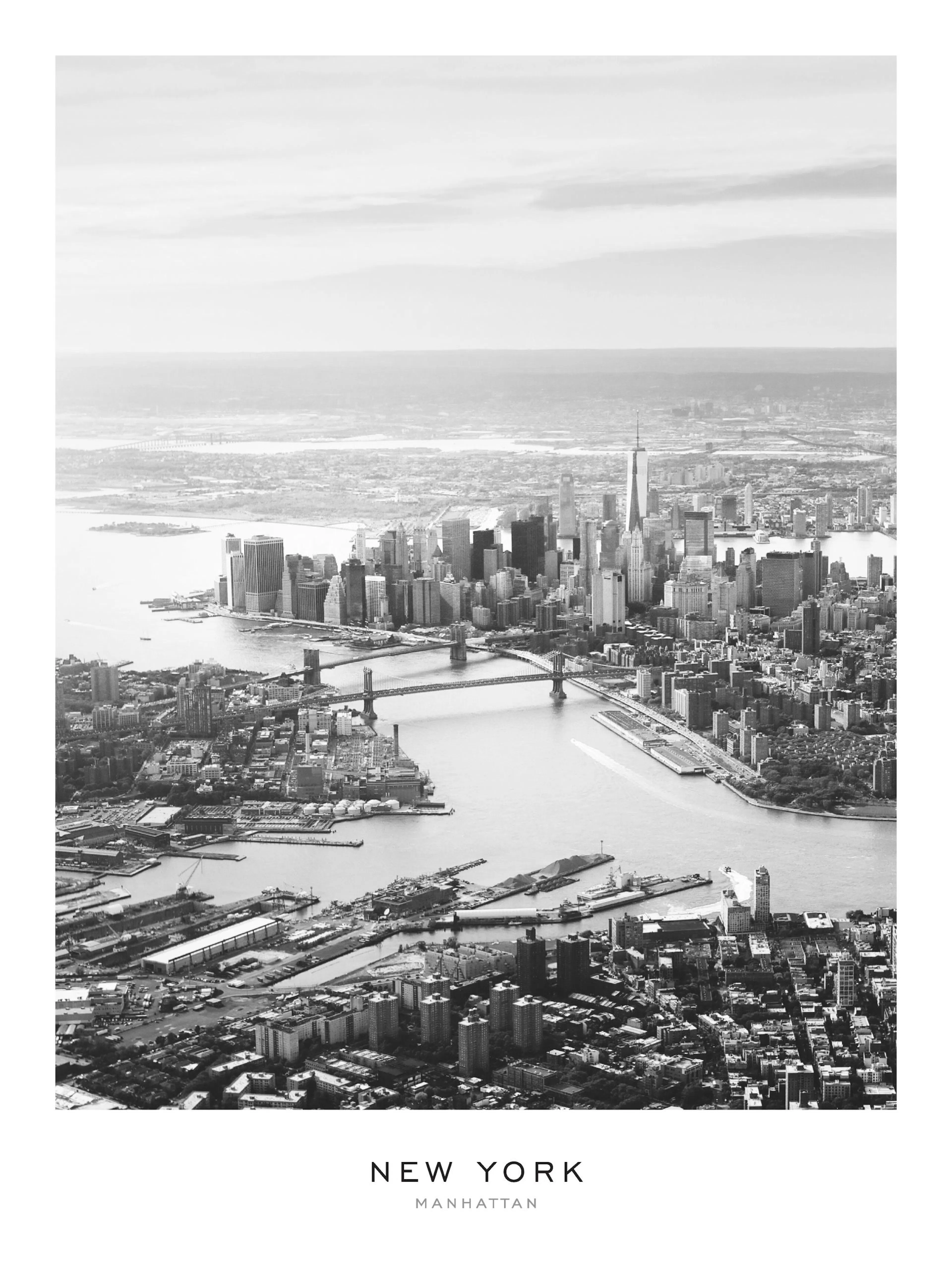 A poster featuring a black and white aerial view of the Manhattan skyline, including bridges and the surrounding water.