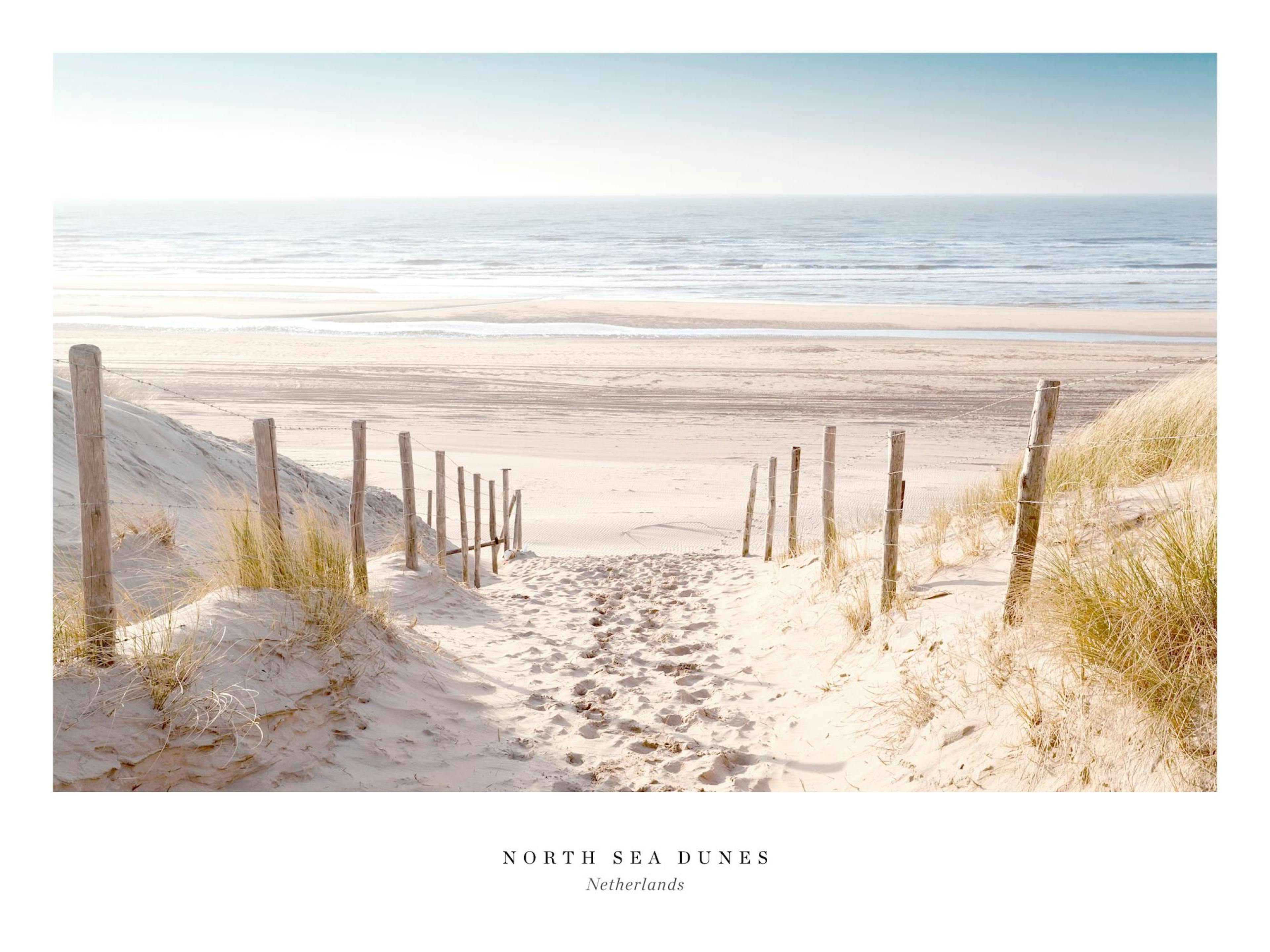 A poster featuring a sandy path leading through dunes with wooden fences towards a bright North Sea beach.