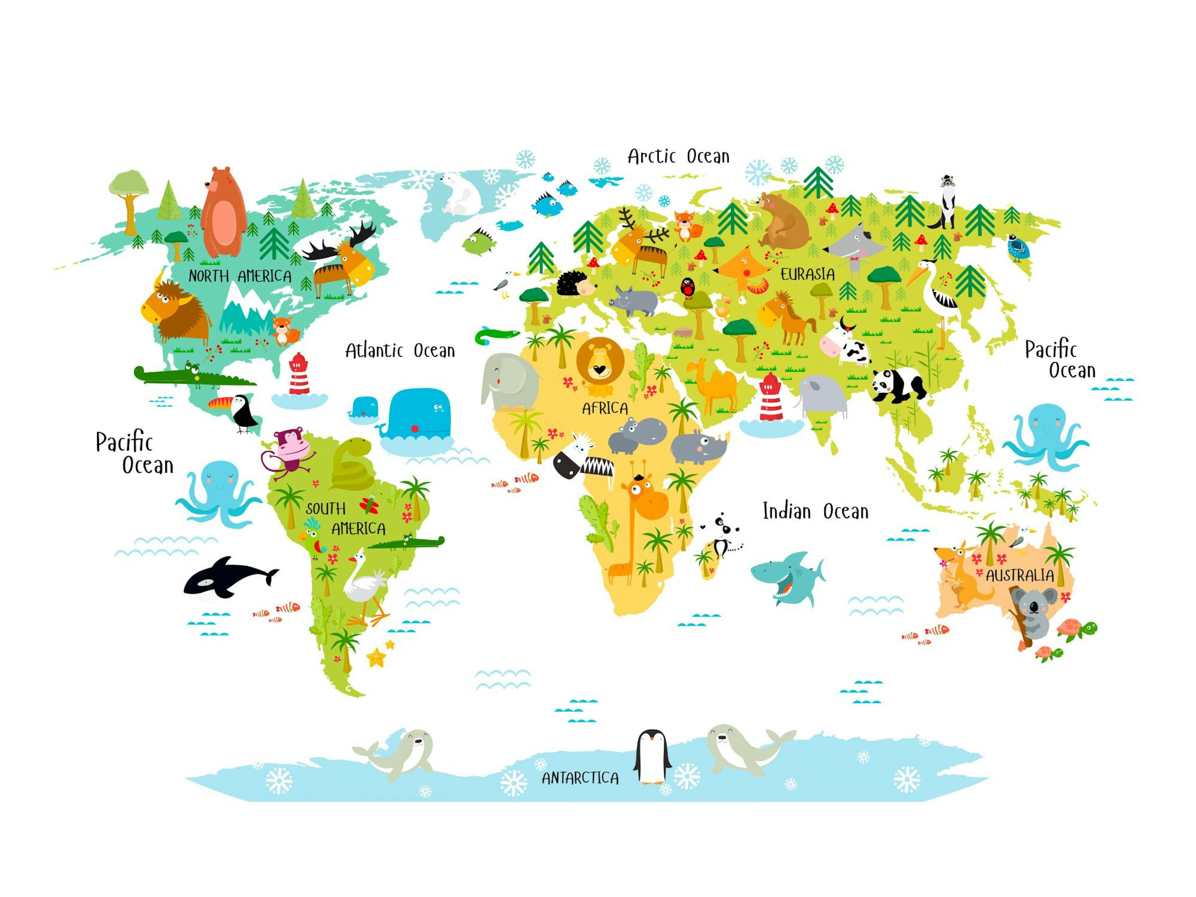 A colorful world map poster with cartoon animals, trees, and ocean creatures representing their native continents and oceans.