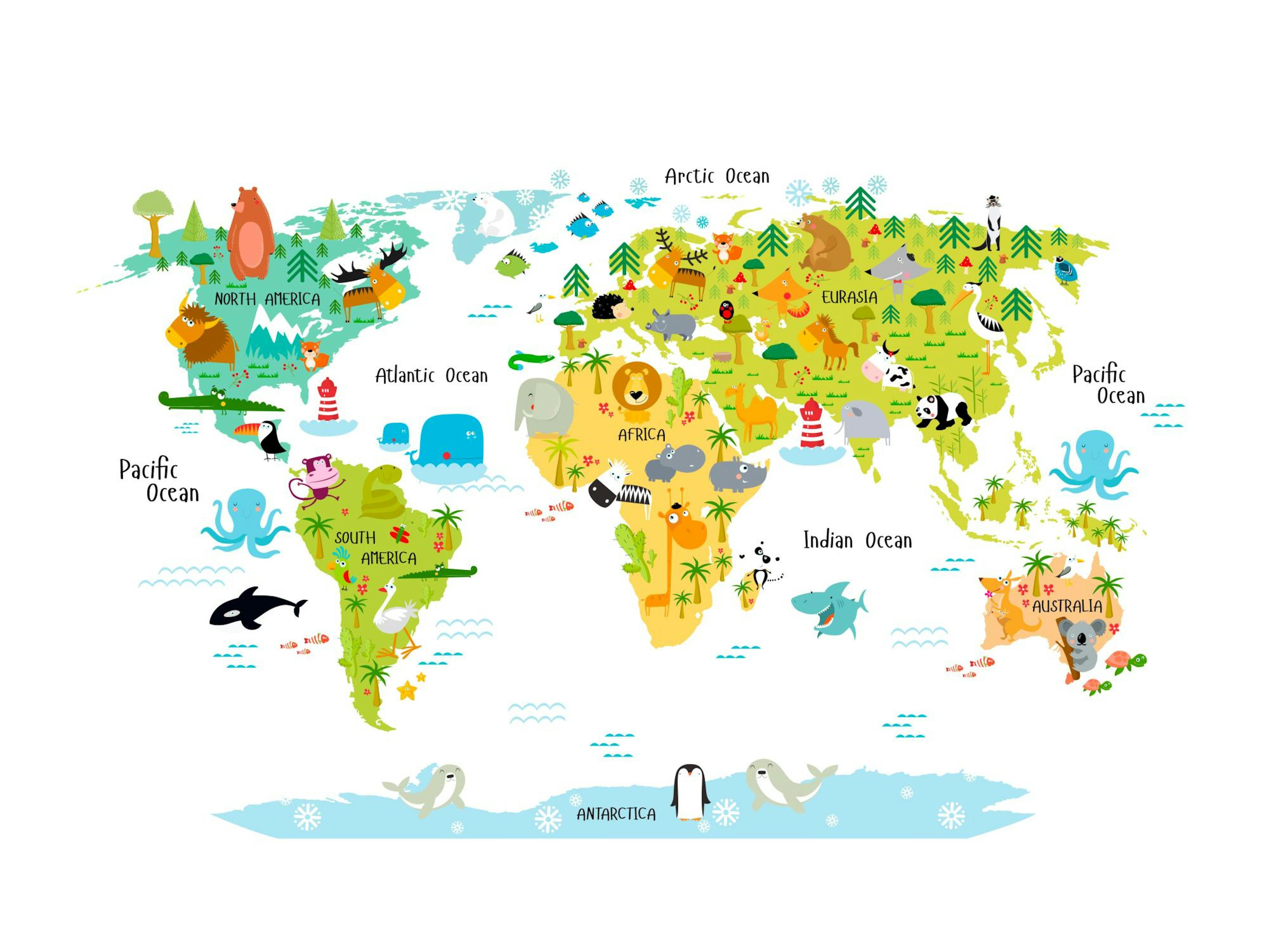 Plakat med et farverigt verdenskort med tegneseriedyr og landemærker, der repræsenterer forskellige kontinenter og oceaner.