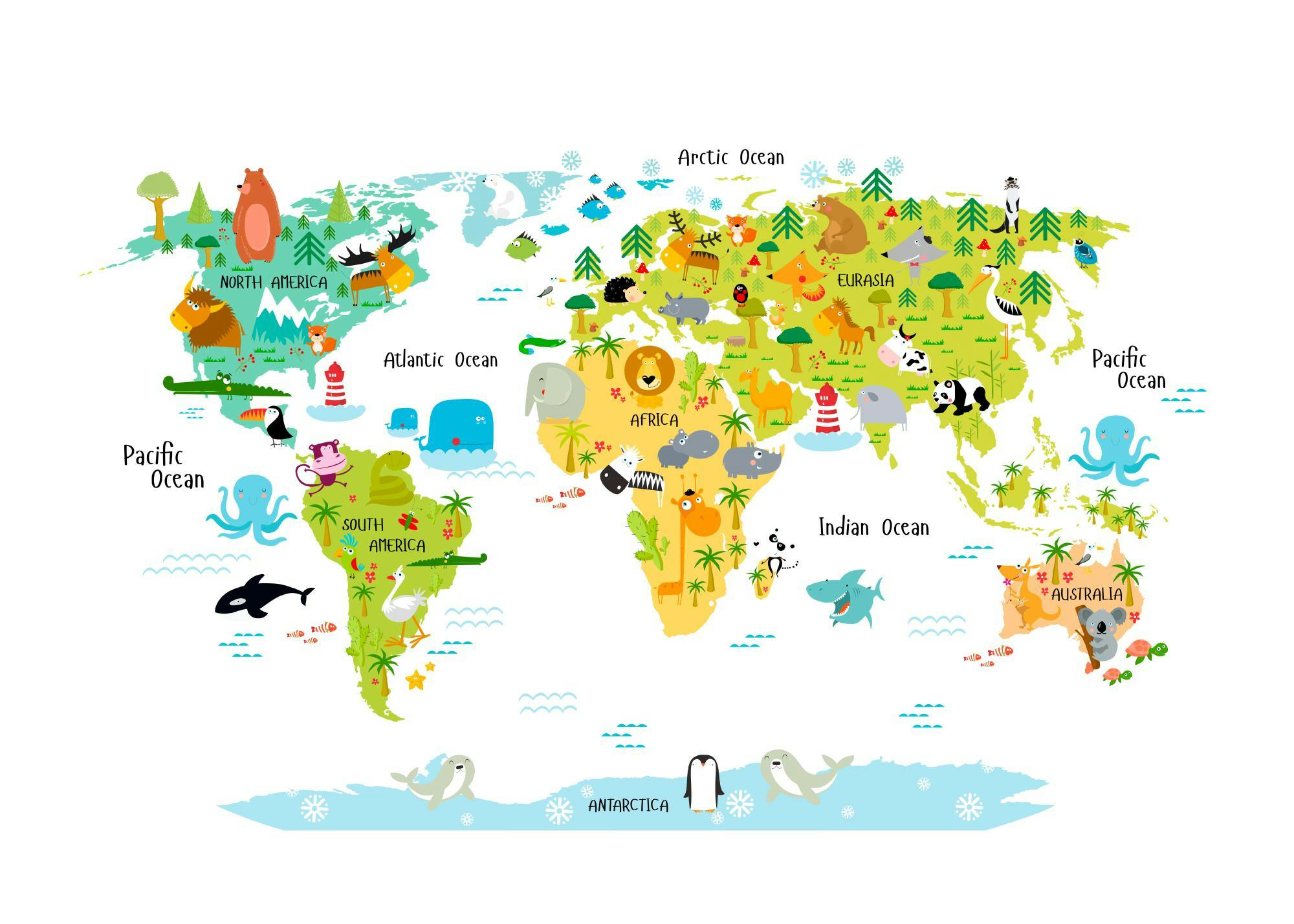 A poster featuring a colourful world map with cartoon animals representing their continents and oceans.