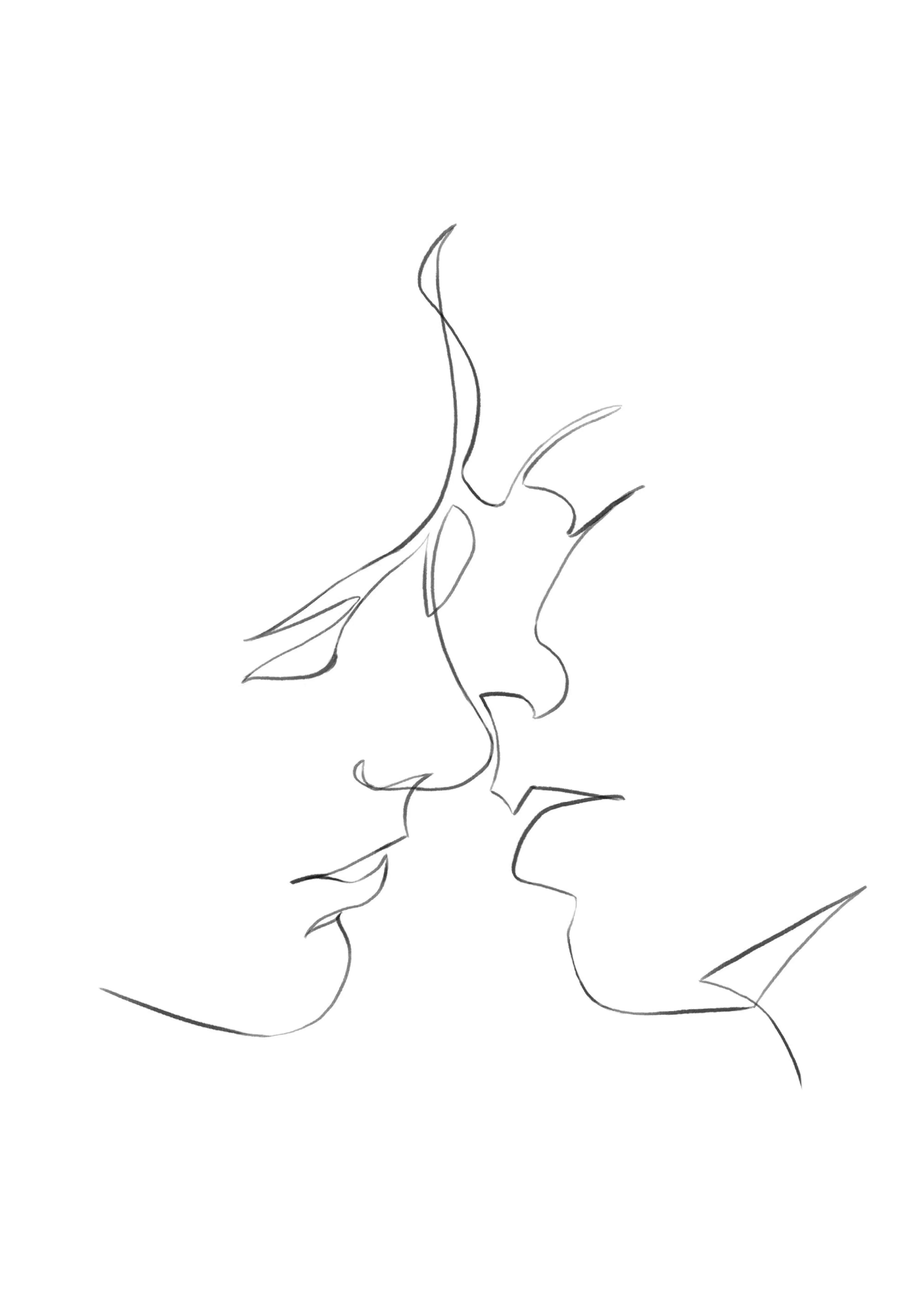 Minimalistinen juliste, jossa on yksittäisellä harmaalla viivalla piirretty abstrakti kuva kahdesta suutelevasta kasvoista.