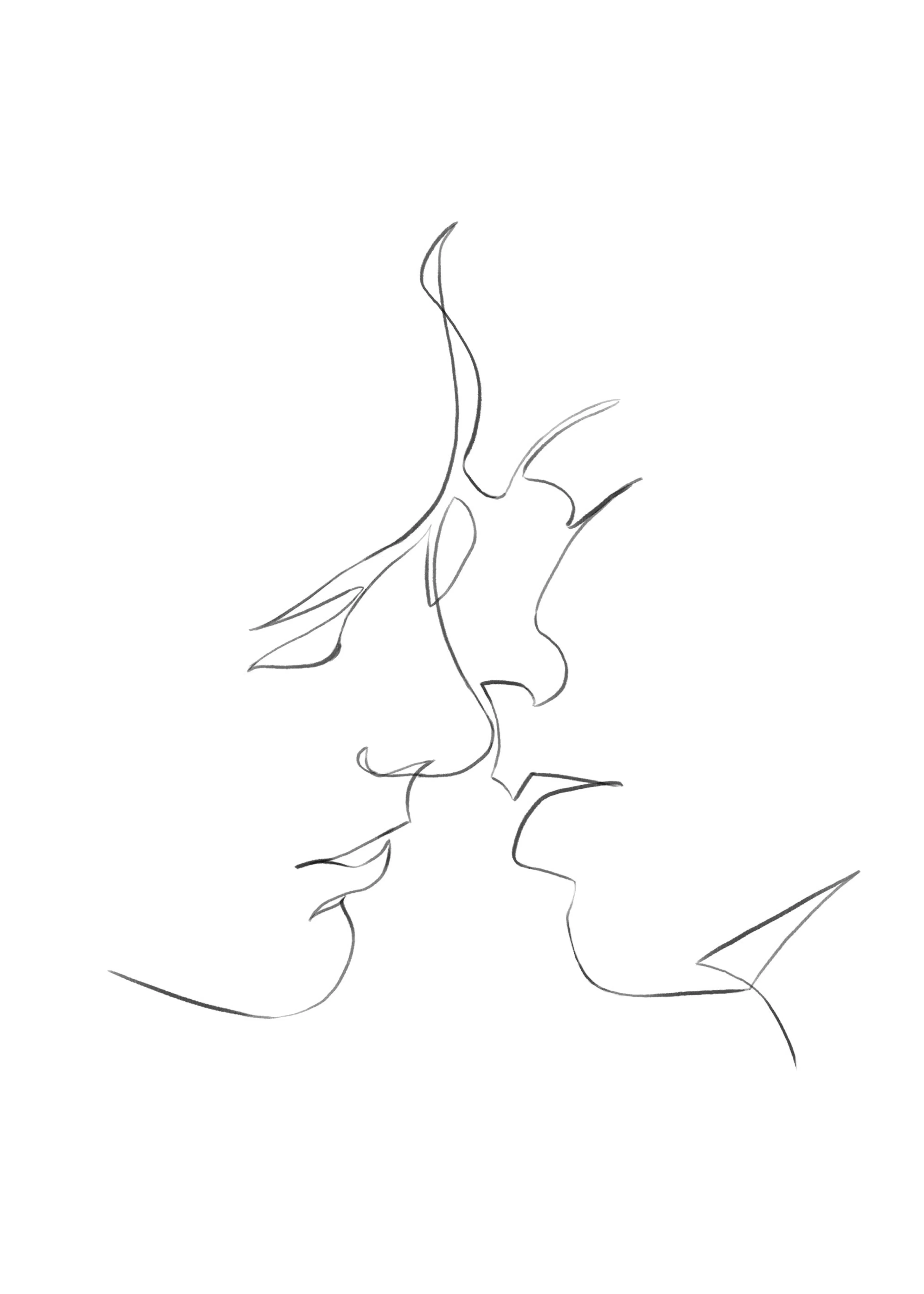 Minimalistinen juliste, jossa on yksittäisellä harmaalla viivalla piirretty abstrakti kuva kahdesta suutelevasta kasvoista.