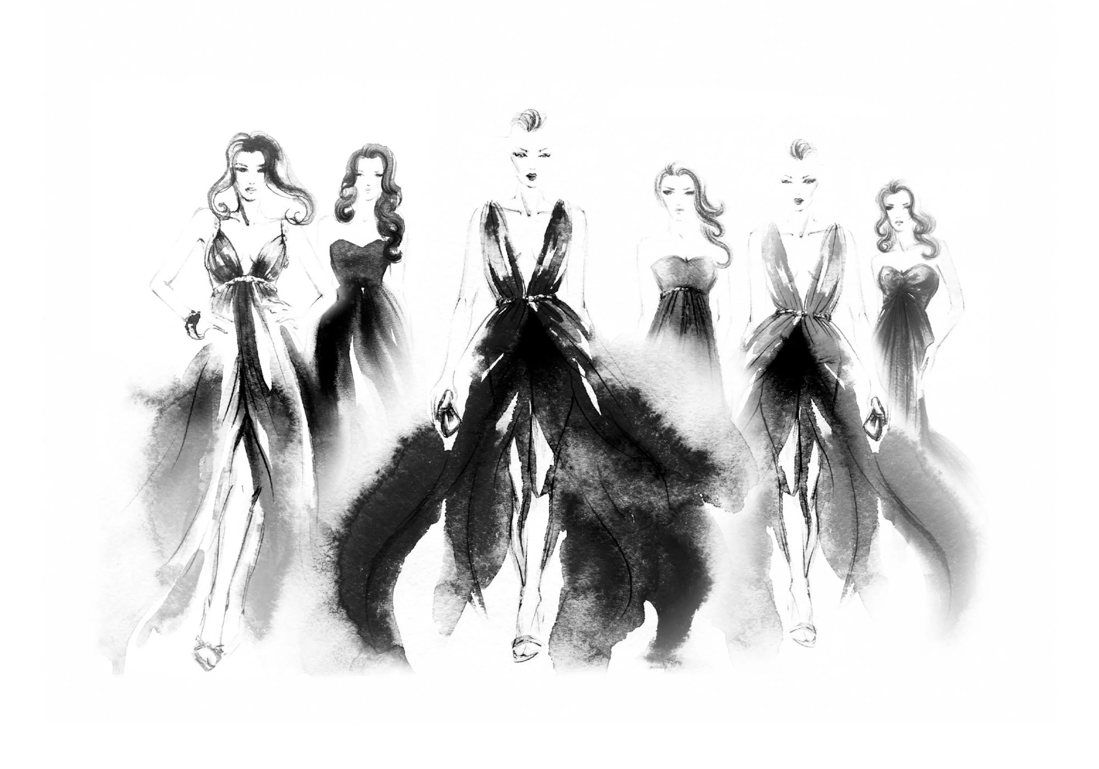 Mustavalkoinen muotijuliste, jossa vesivärillä maalattuja naishahmoja iltapuvuissa.
