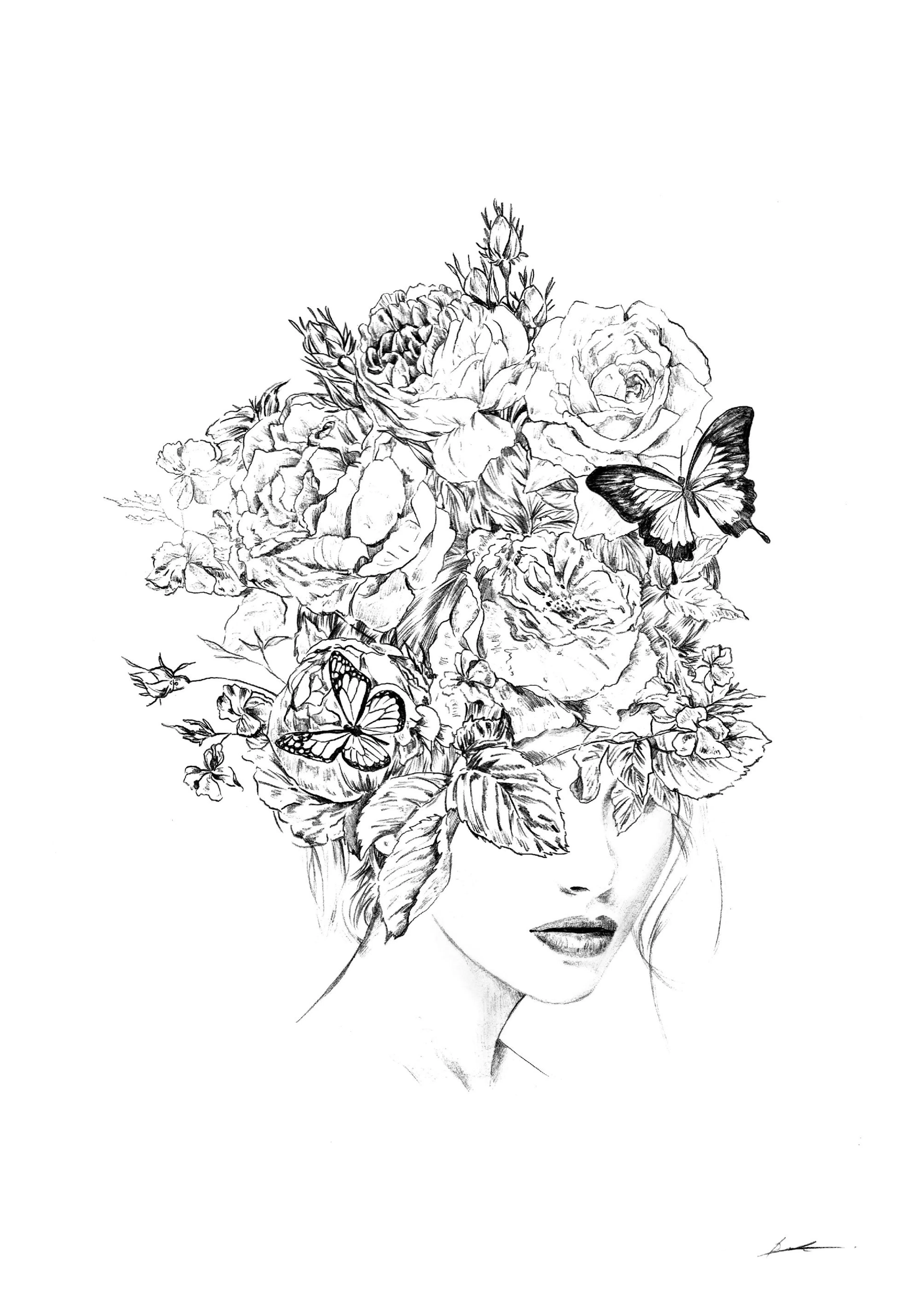 Mustavalkoinen juliste naisen kasvoista, joiden yläosassa on runsaasti kukkia ja perhosia peittäen silmät.