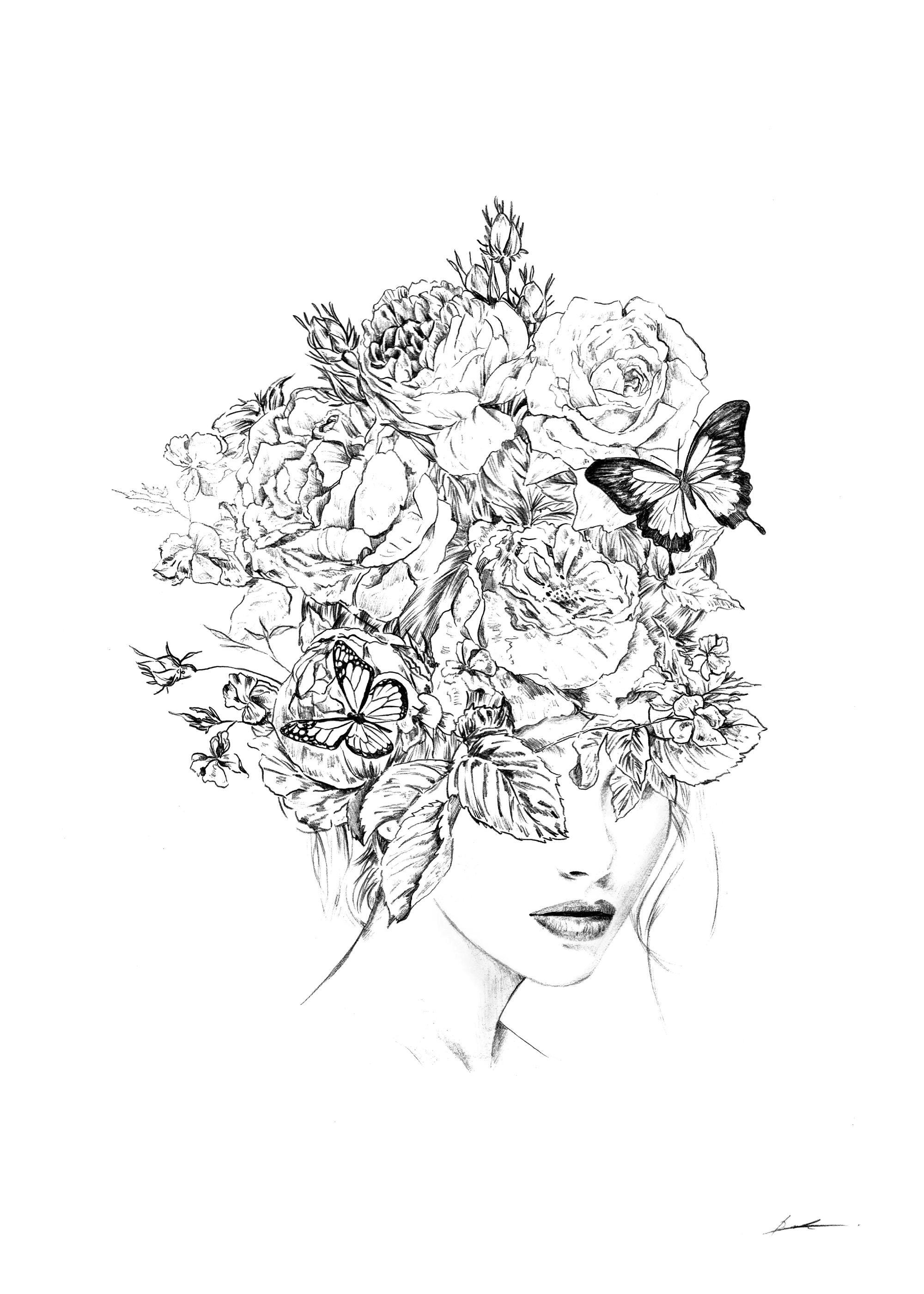 A poster of a womans face partially hidden by a large arrangement of sketched flowers and butterflies.