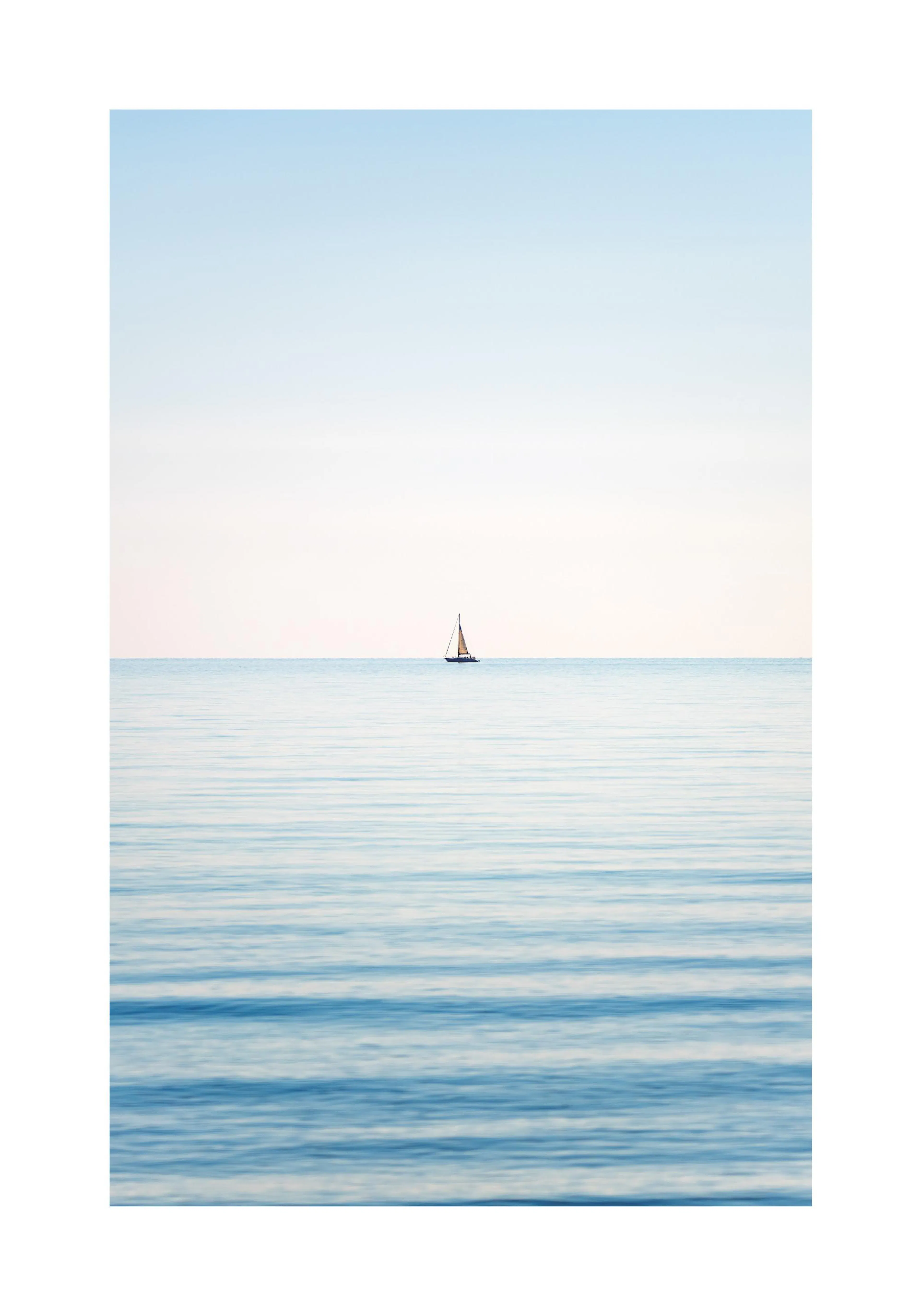 A minimalist poster of a lone sailboat on a calm blue ocean under a clear pale sky, ideal for tranquil home decor.