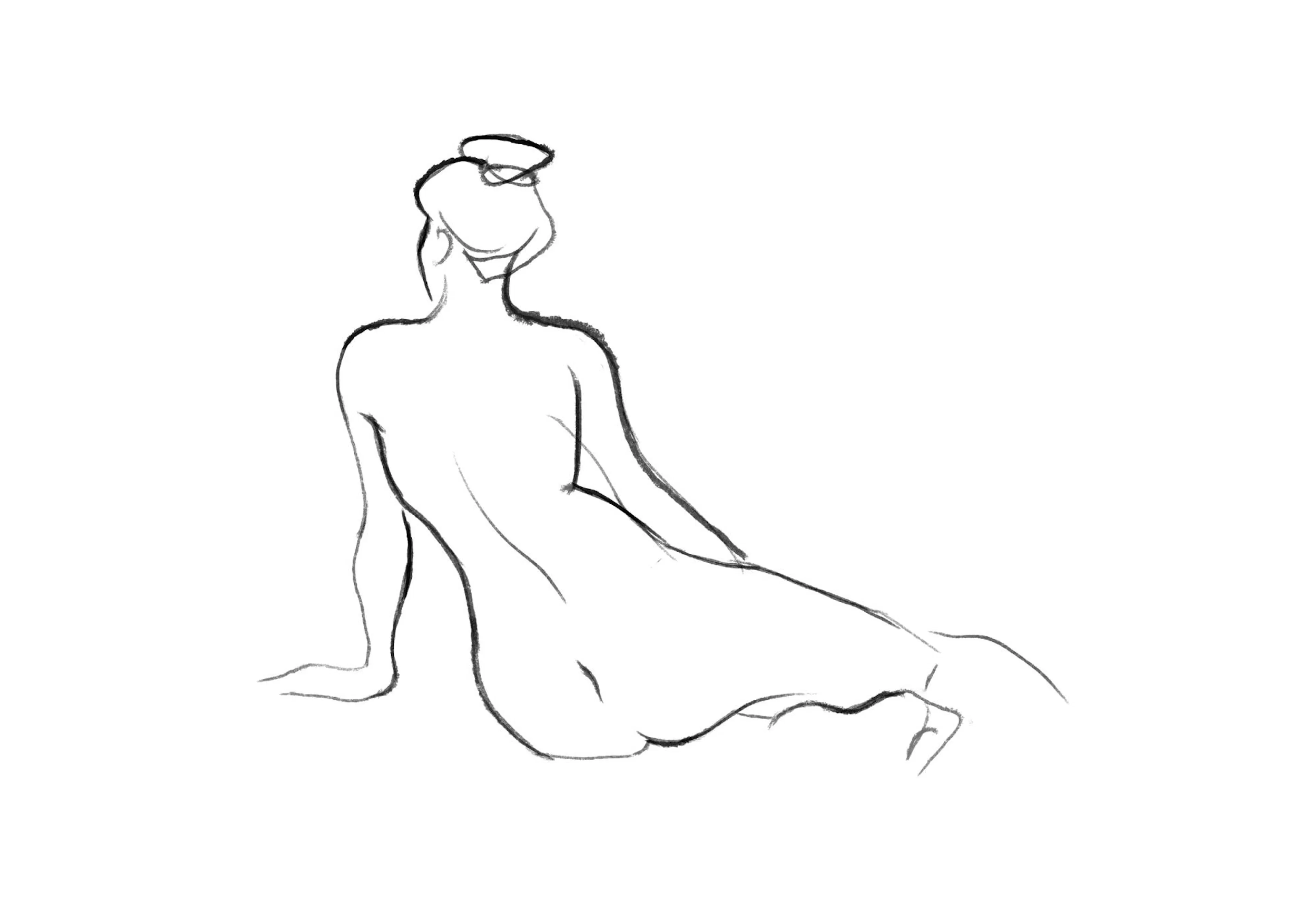 Plakát s minimalistickou kresbou ženského aktu z profilu, sedící postava s vlasy vyčesanými nahoru.