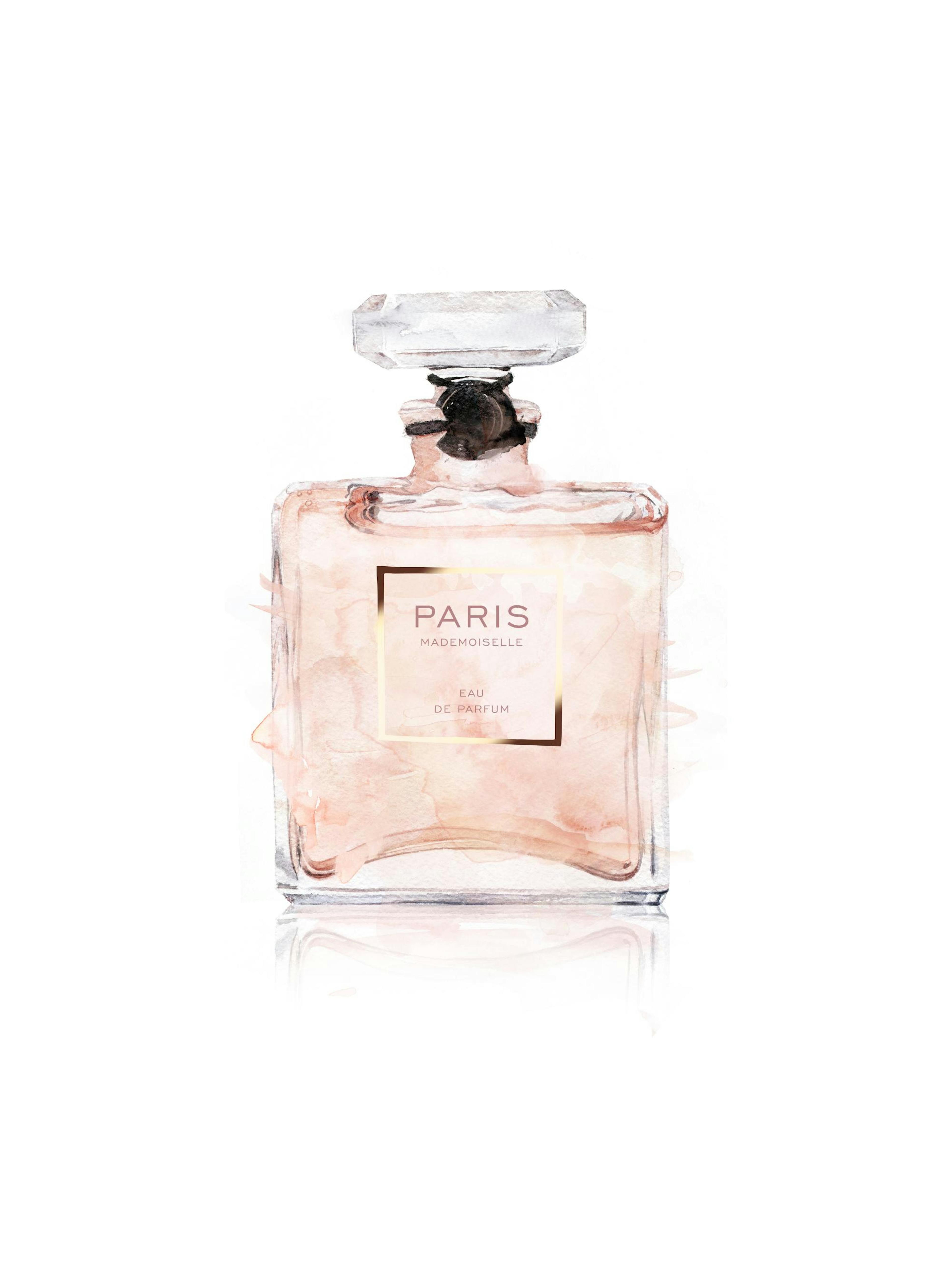 A poster featuring a watercolor painting of a pink perfume bottle with Paris Mademoiselle on the label.