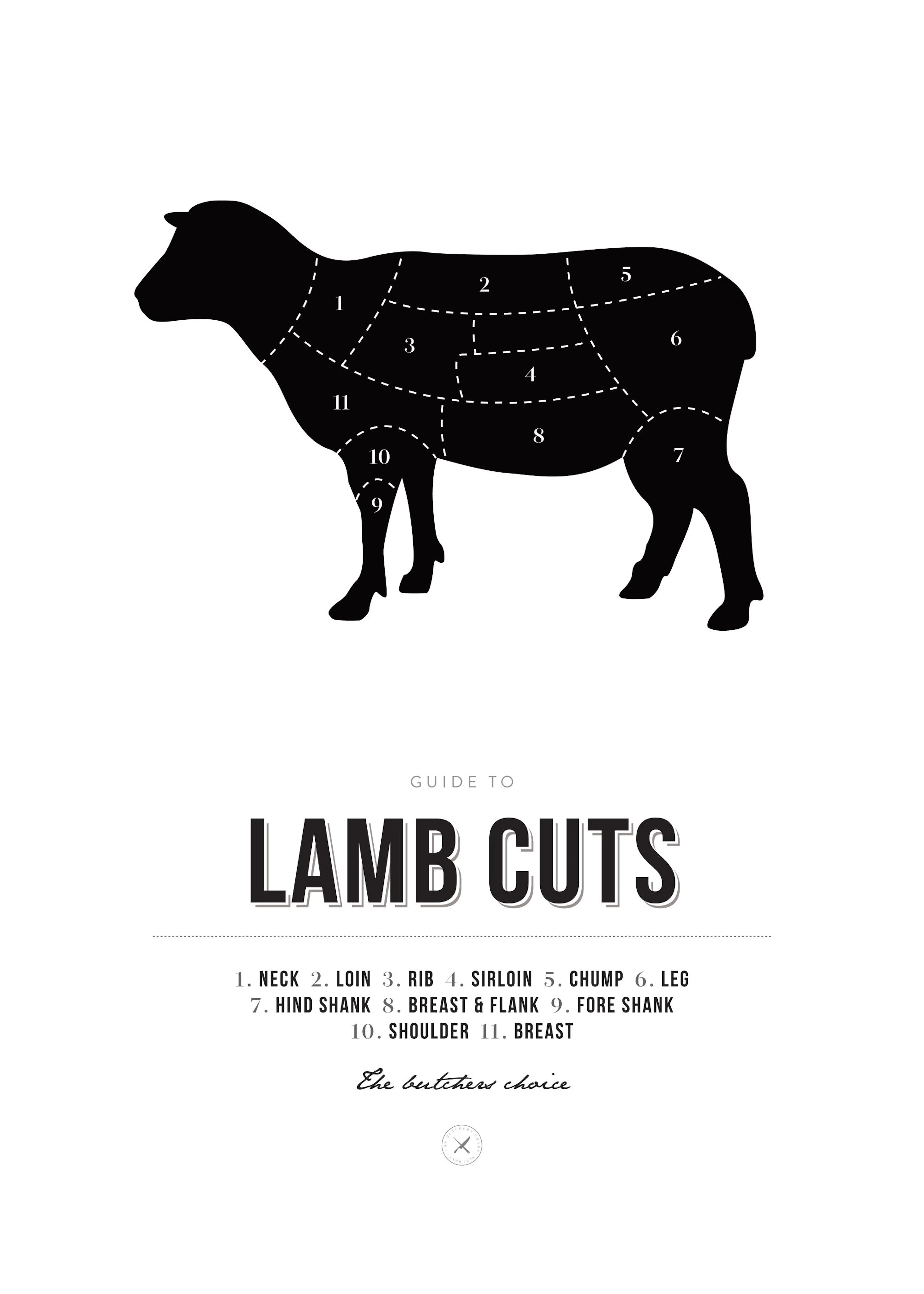 Juliste, jossa on lampaan musta siluetti ja numeroidut leikkauskohdat. Alla lukee LAMB CUTS ja leikkausten nimilista.