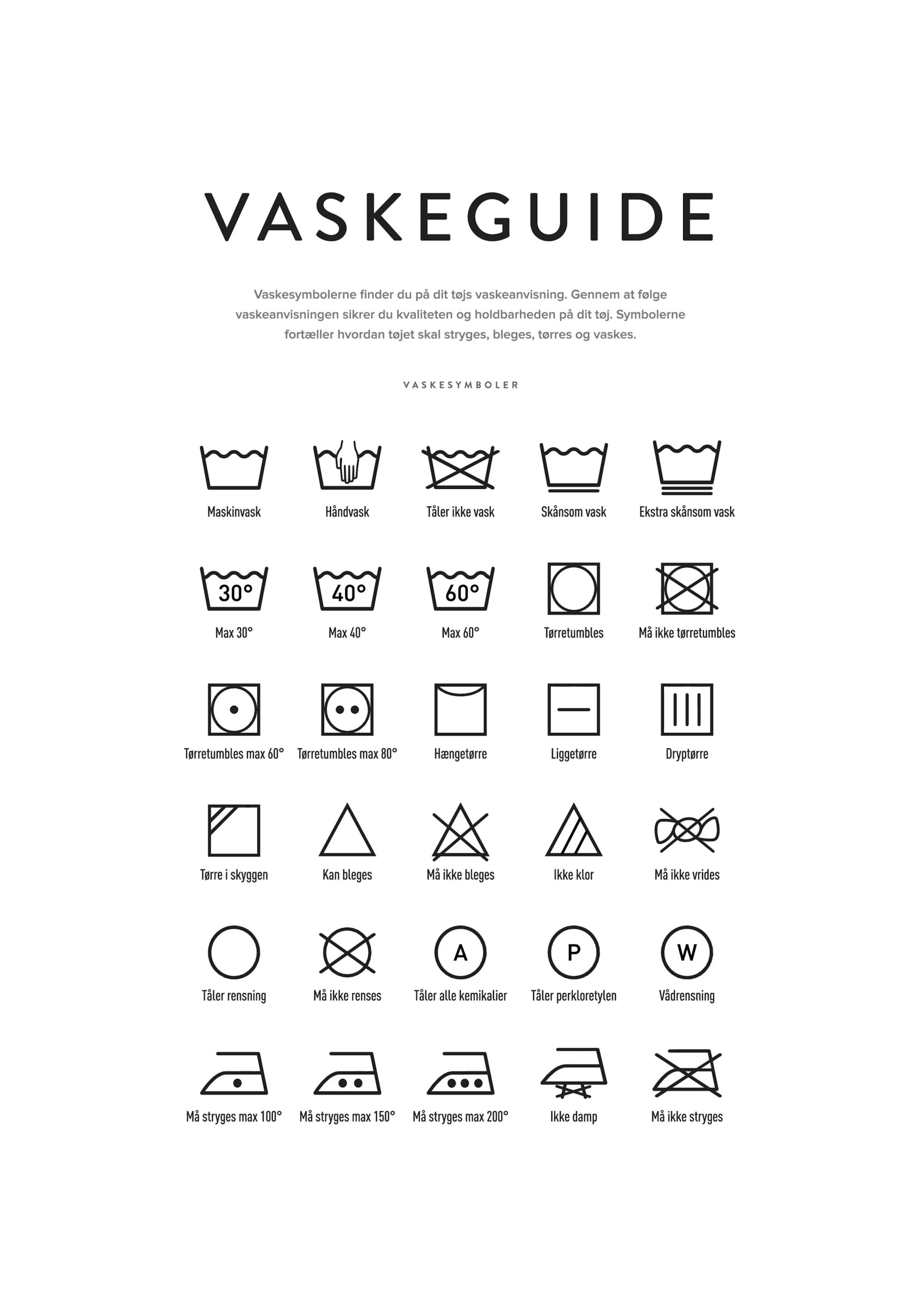 Plakát s pracími symboly a průvodcem Vaskeguide v černé barvě na bílém podkladu.