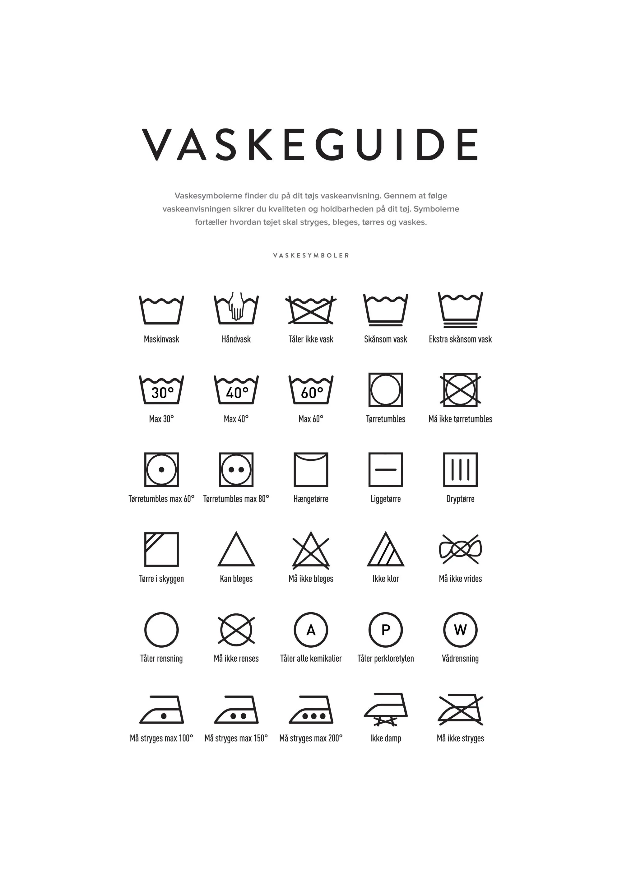 Plakát s pracími symboly a průvodcem Vaskeguide v černé barvě na bílém podkladu.