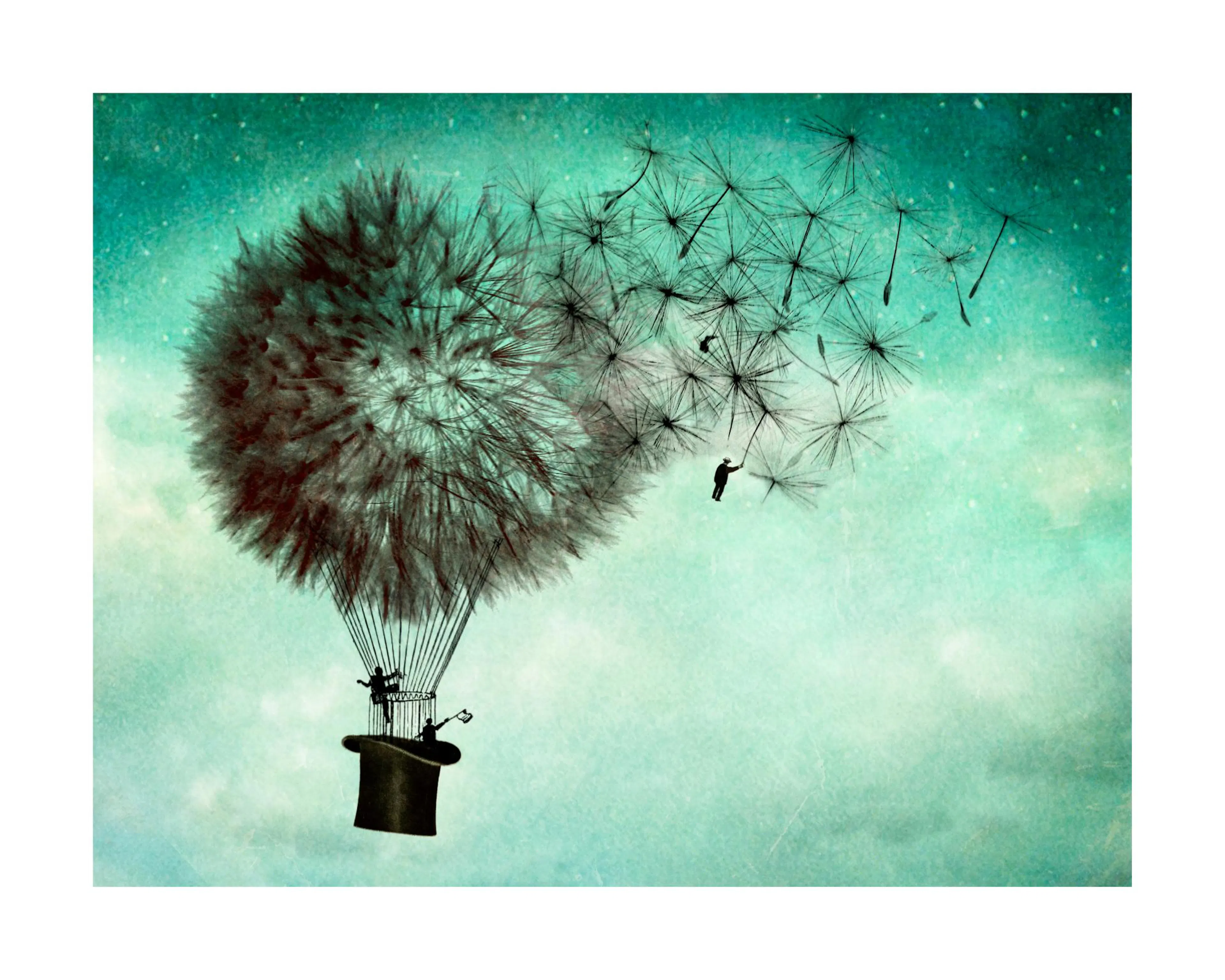 Poster: Eine Löwenzahn-Pusteblume als Heißluftballon mit einem Zylinder als Korb und fliegenden Männchen vor türkisem Himmel.