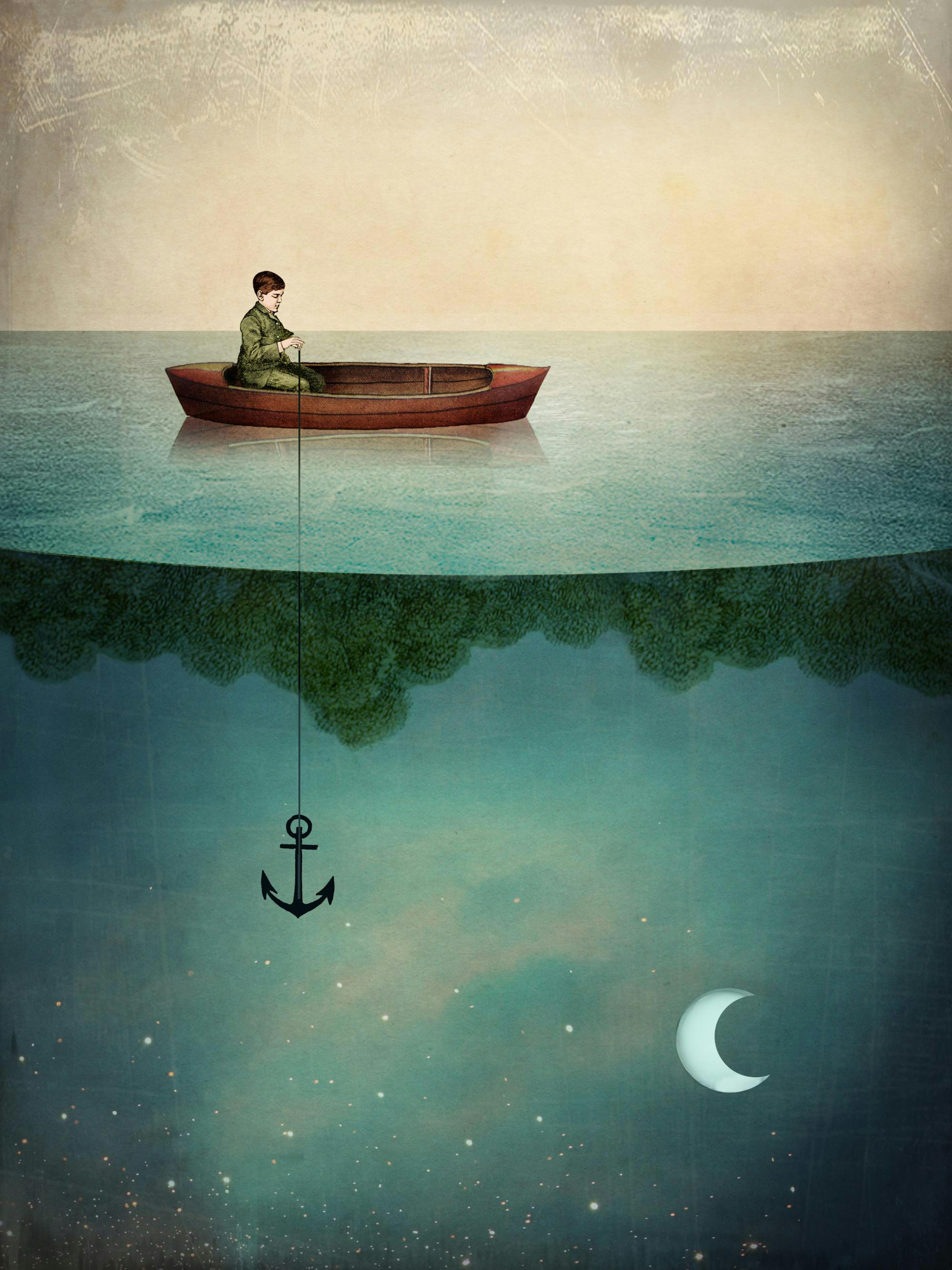 A poster depicting a boy in a boat with an anchor descending into a starry, moonlit underwater scene.