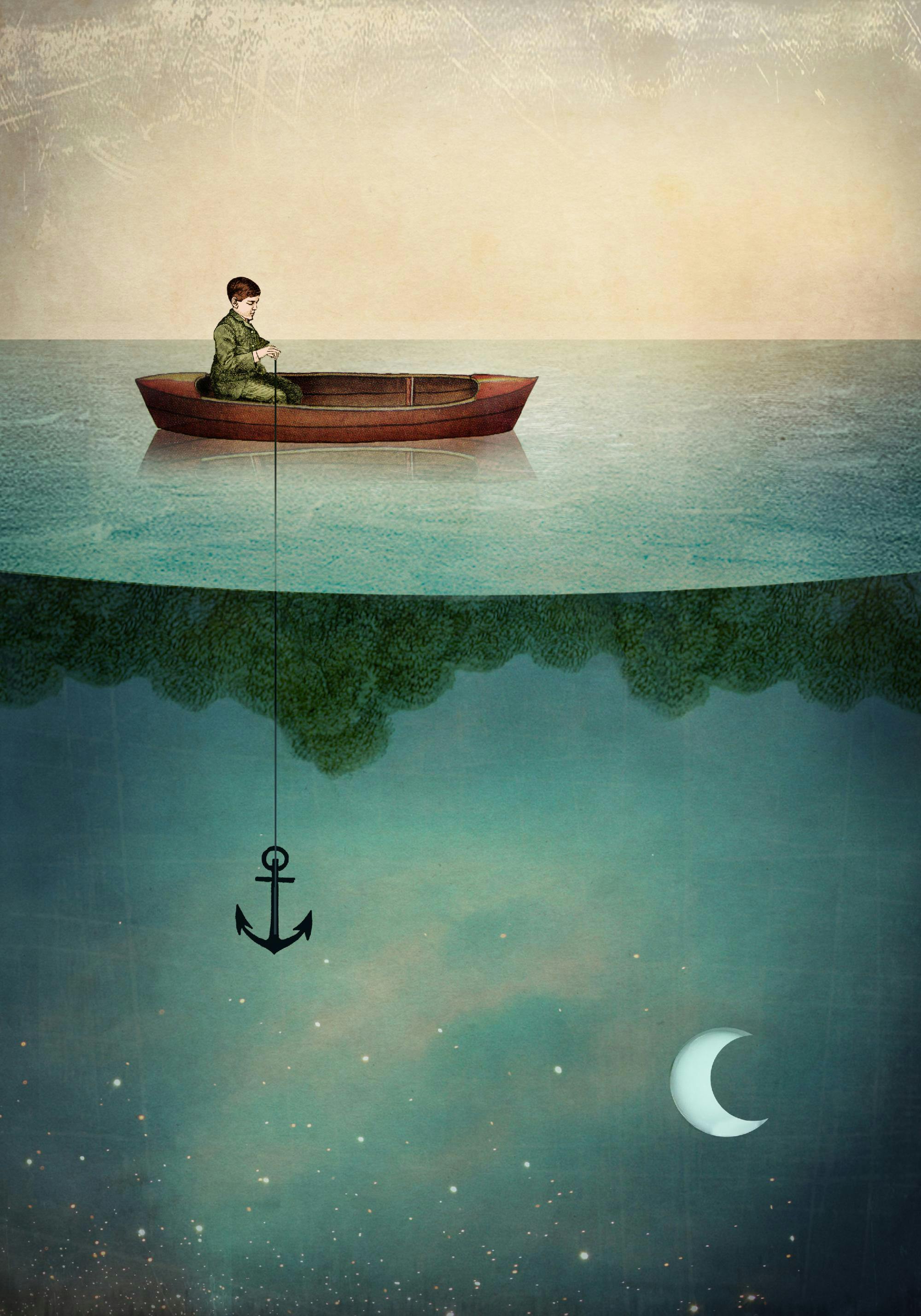 Poster dun homme en barque qui pêche une ancre dans un ciel étoilé avec la lune.