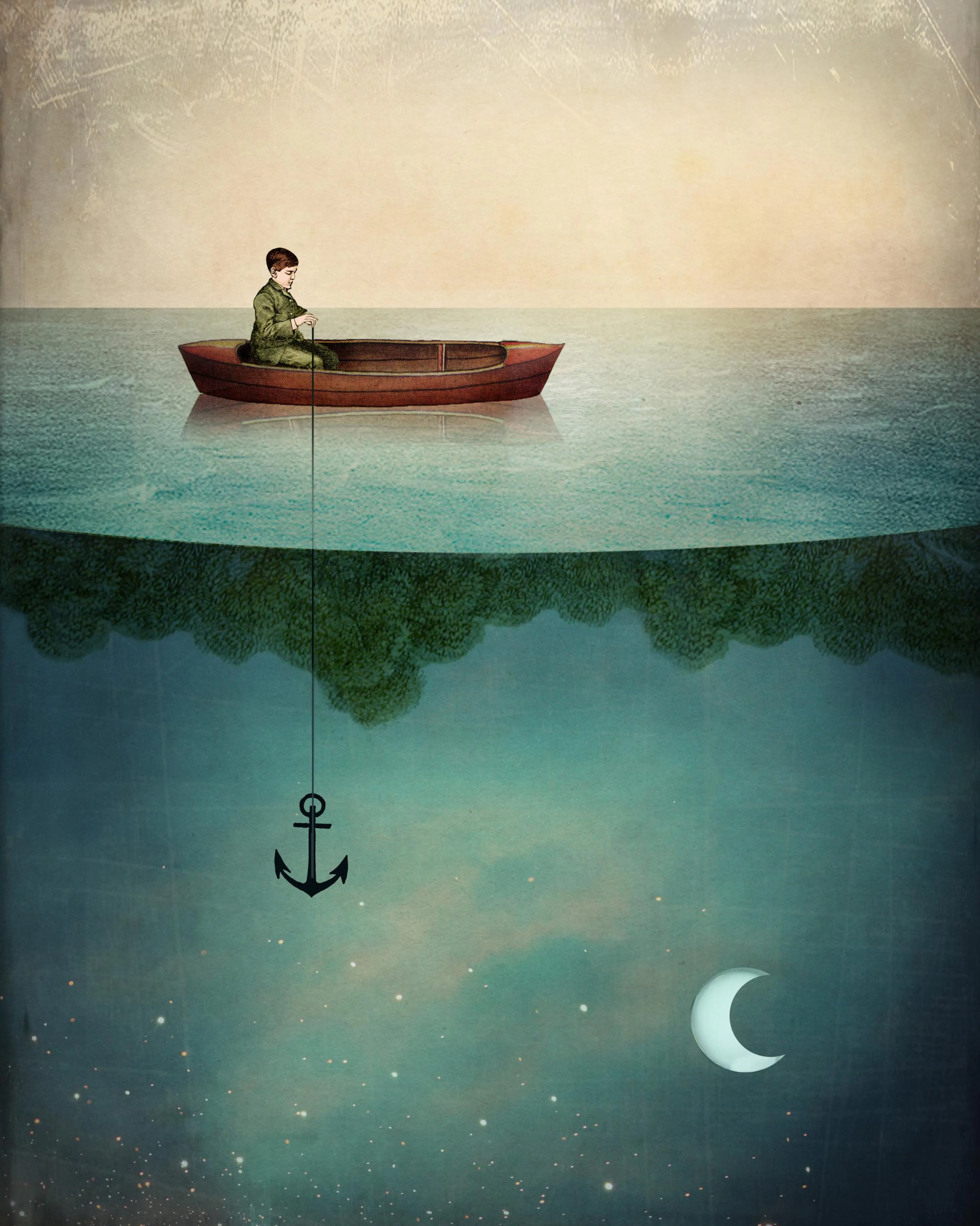 Poster dun homme en barque qui pêche une ancre dans un ciel étoilé avec la lune.
