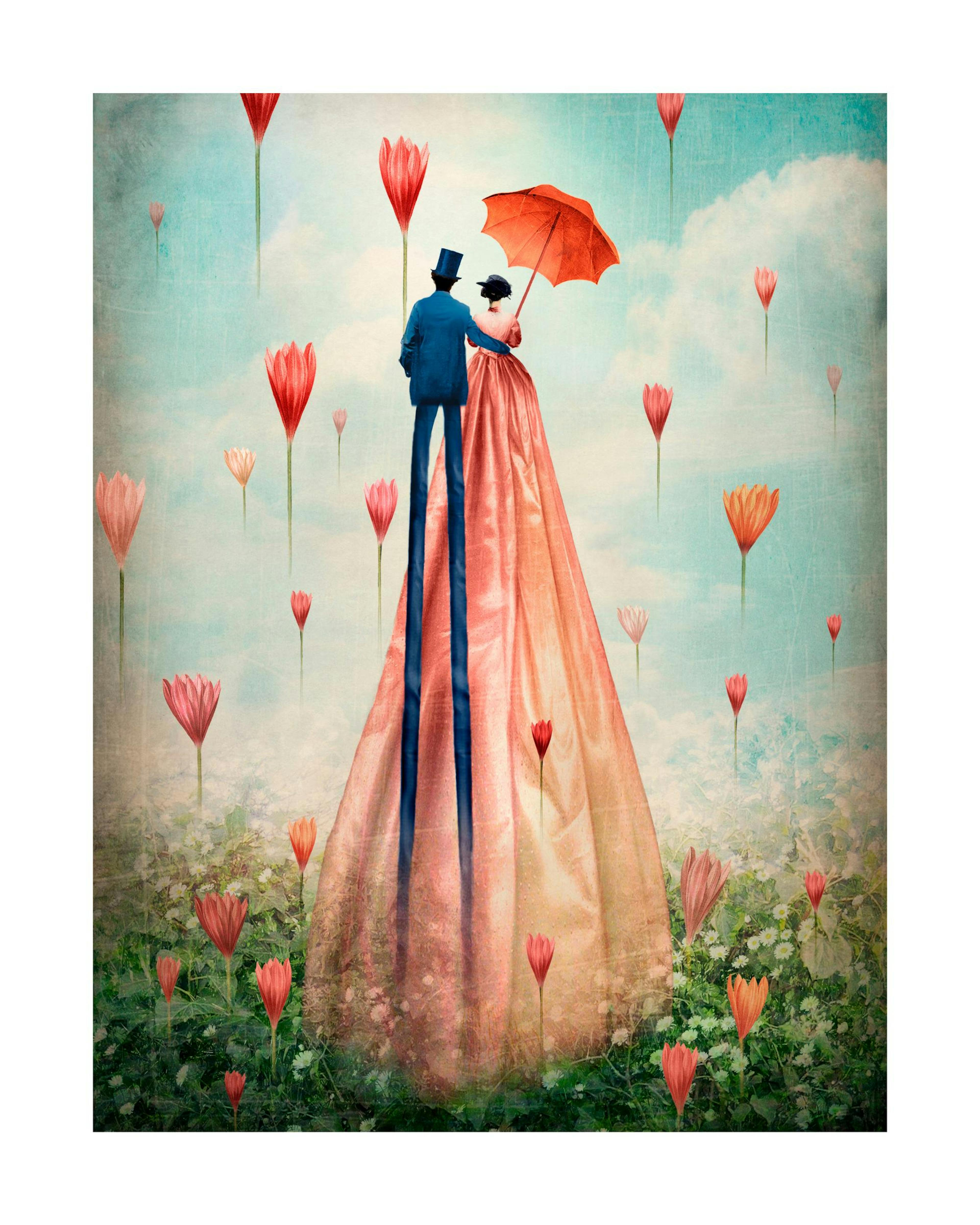 Poster: Surrealistisches Bild eines Paares mit langen Beinen und einem roten Regenschirm, umgeben von schwebenden Blumen.