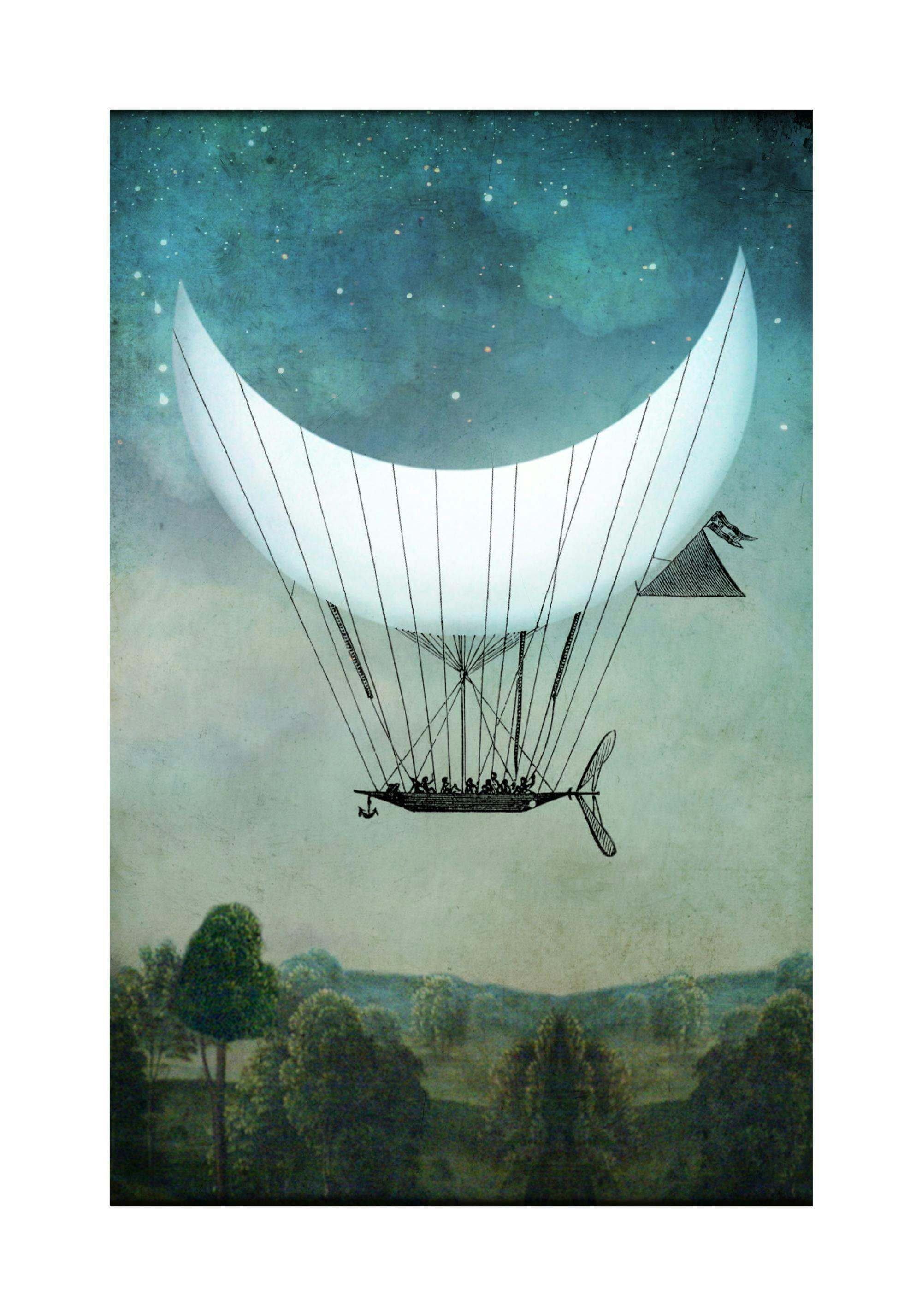 Poster: Ein Mondschiff als Heißluftballon mit Passagieren unter einem Sternenhimmel über einer grünen Landschaft.