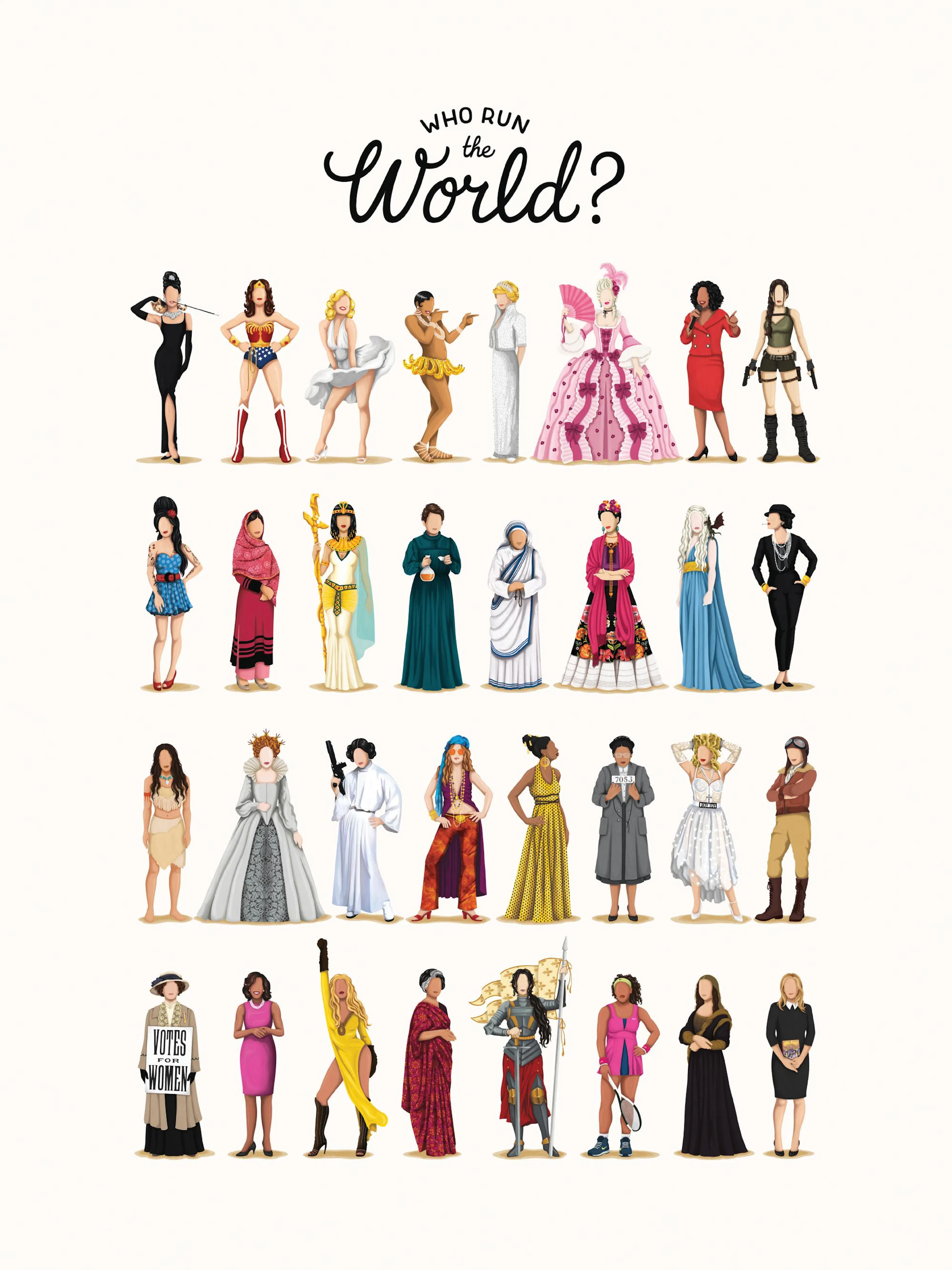 Póster que muestra 28 ilustraciones de mujeres influyentes, con la frase Who run the world? en la parte superior.
