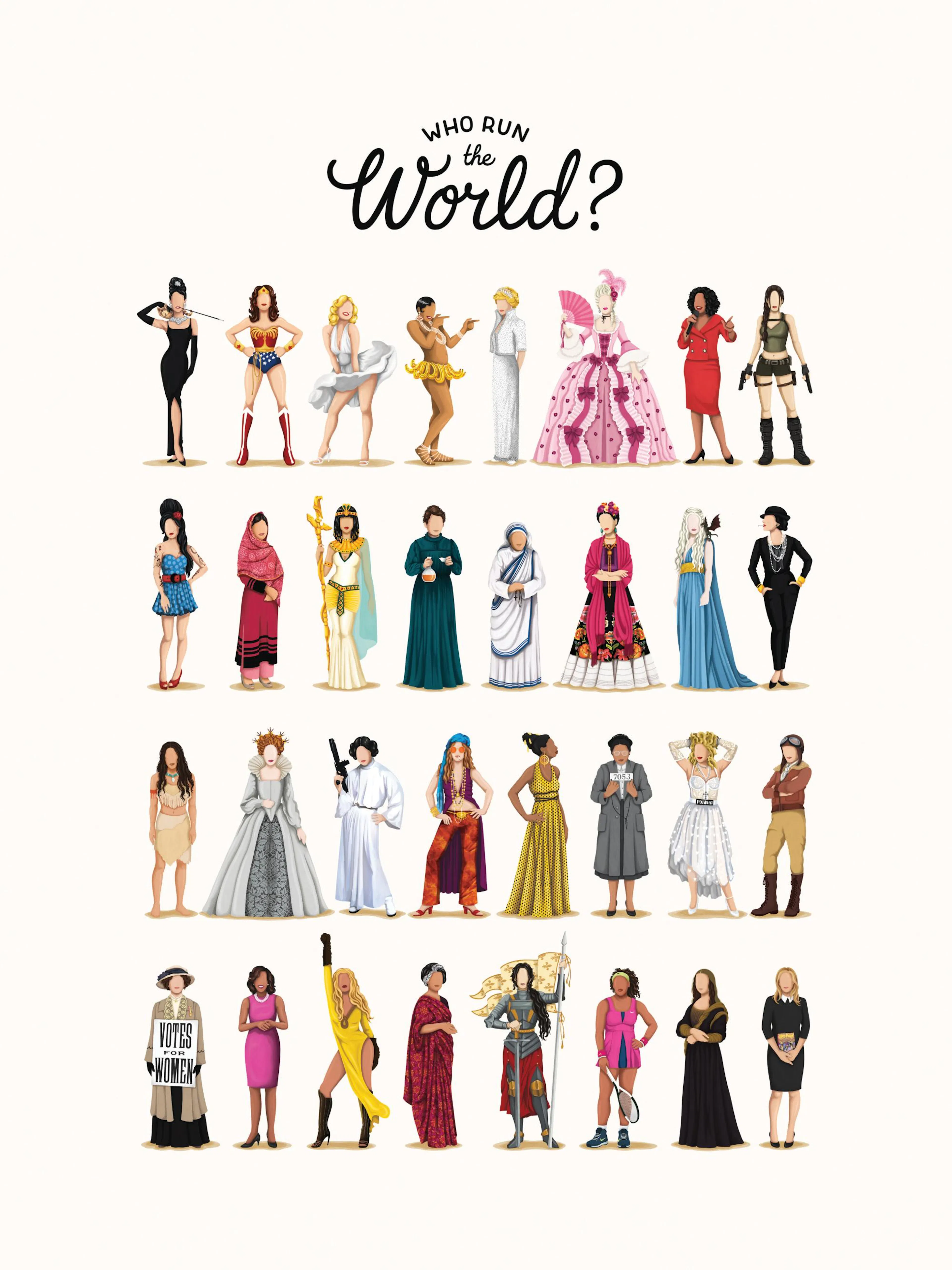 Poster avec linscription Who Run the World? et des illustrations de femmes célèbres de lhistoire et de la culture pop.