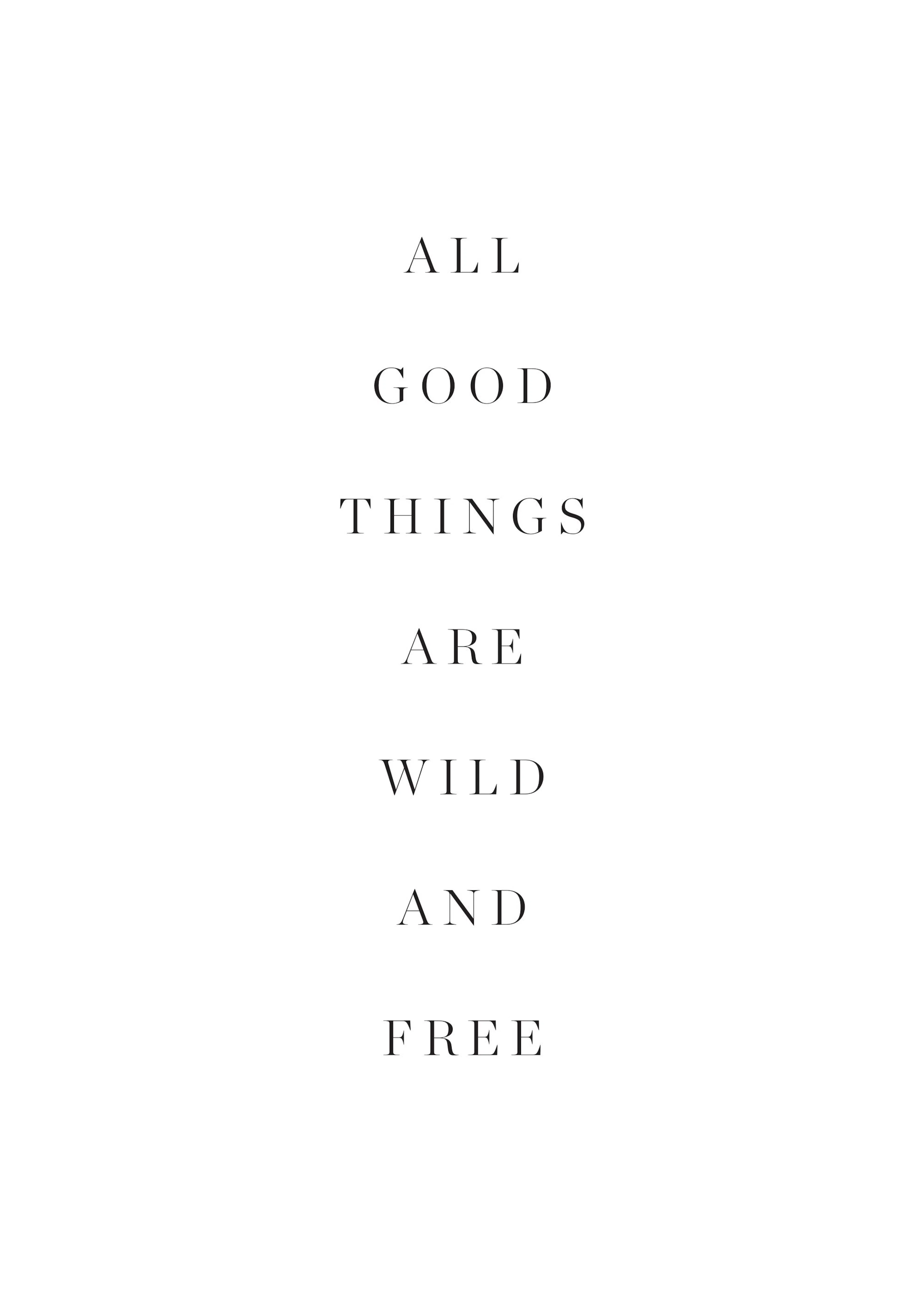 Plakát s textem ALL GOOD THINGS ARE WILD AND FREE černým písmem na bílém pozadí.