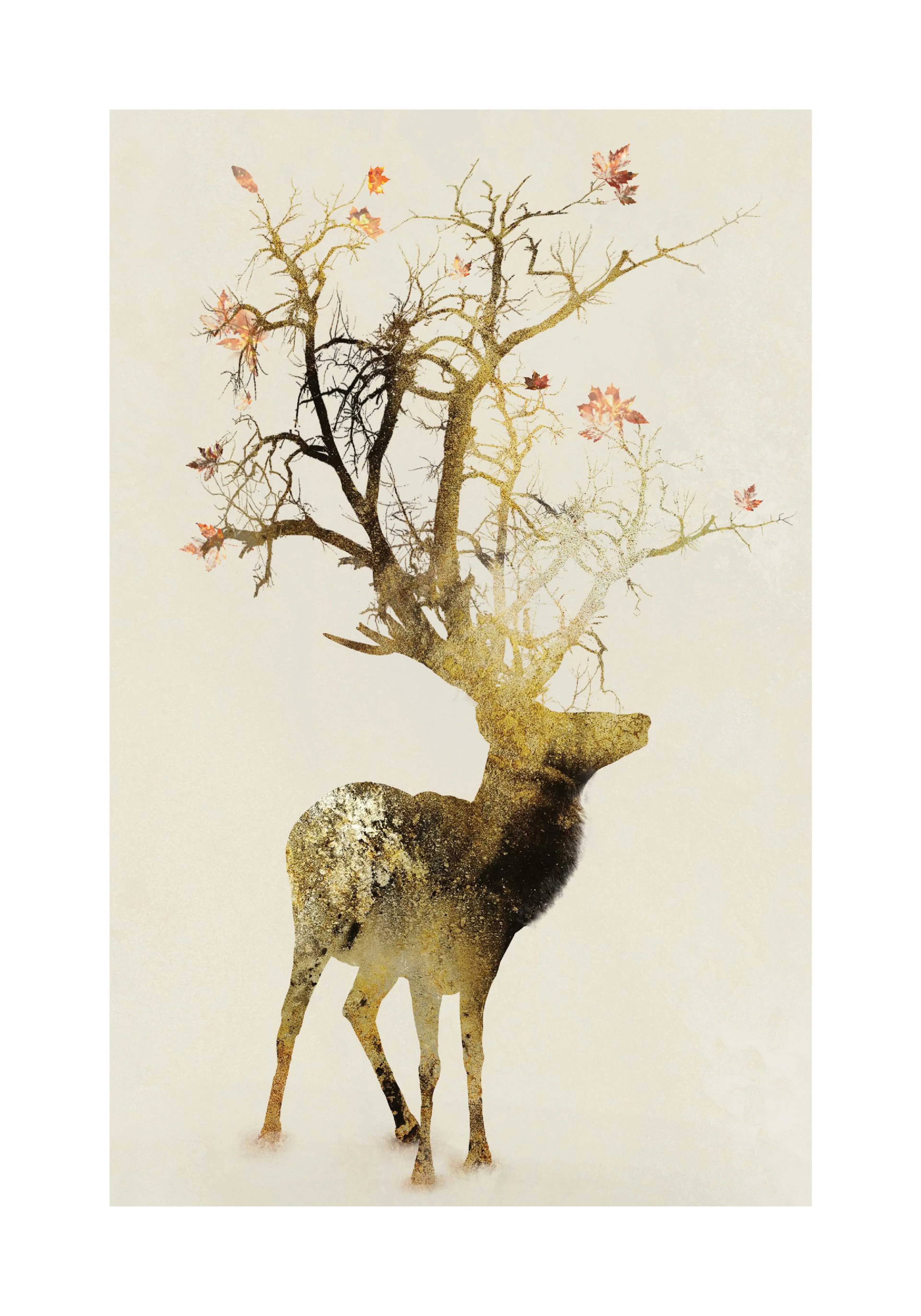 A poster featuring a golden deer with antlers made of tree branches and autumn leaves on a light background.