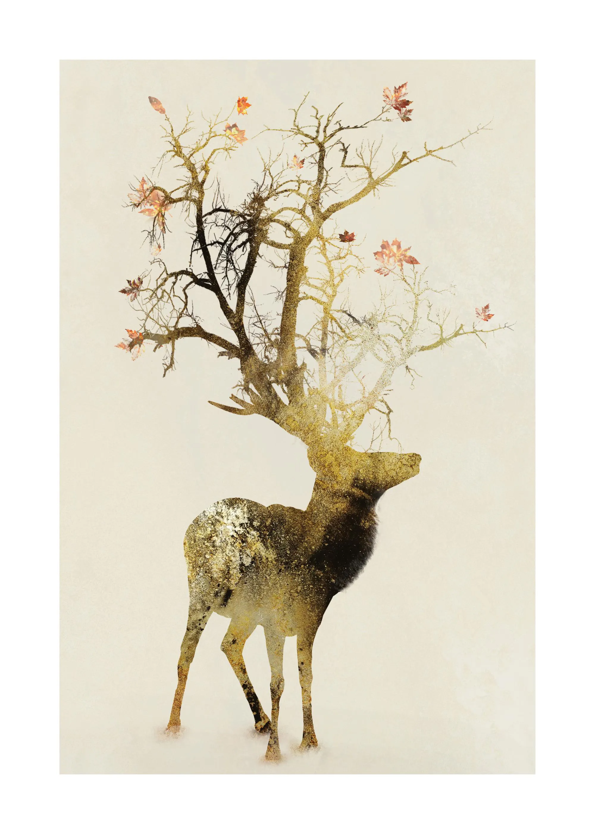 A poster featuring a golden deer with antlers made of tree branches and autumn leaves on a light background.
