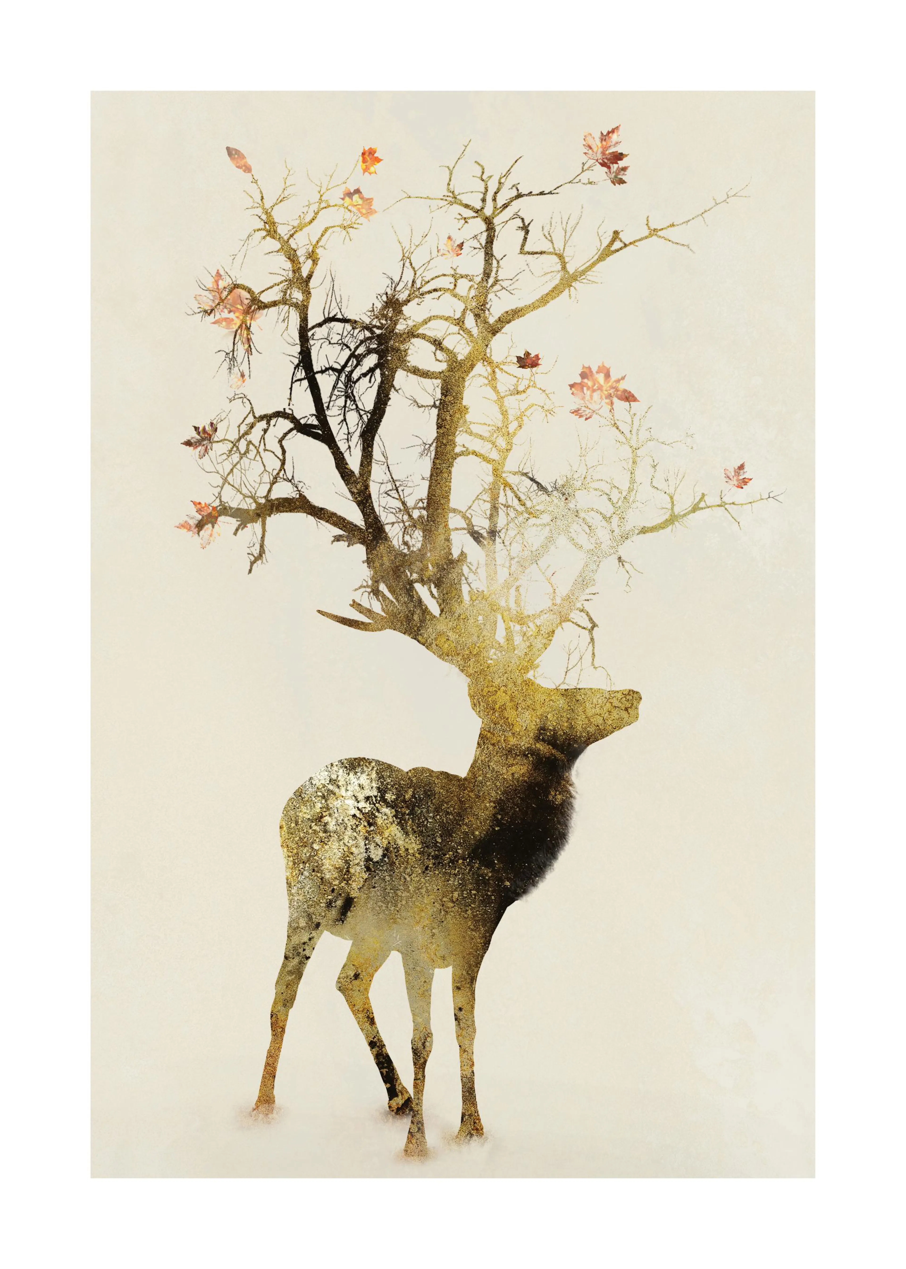 A poster featuring a golden deer with antlers made of tree branches and autumn leaves on a light background.